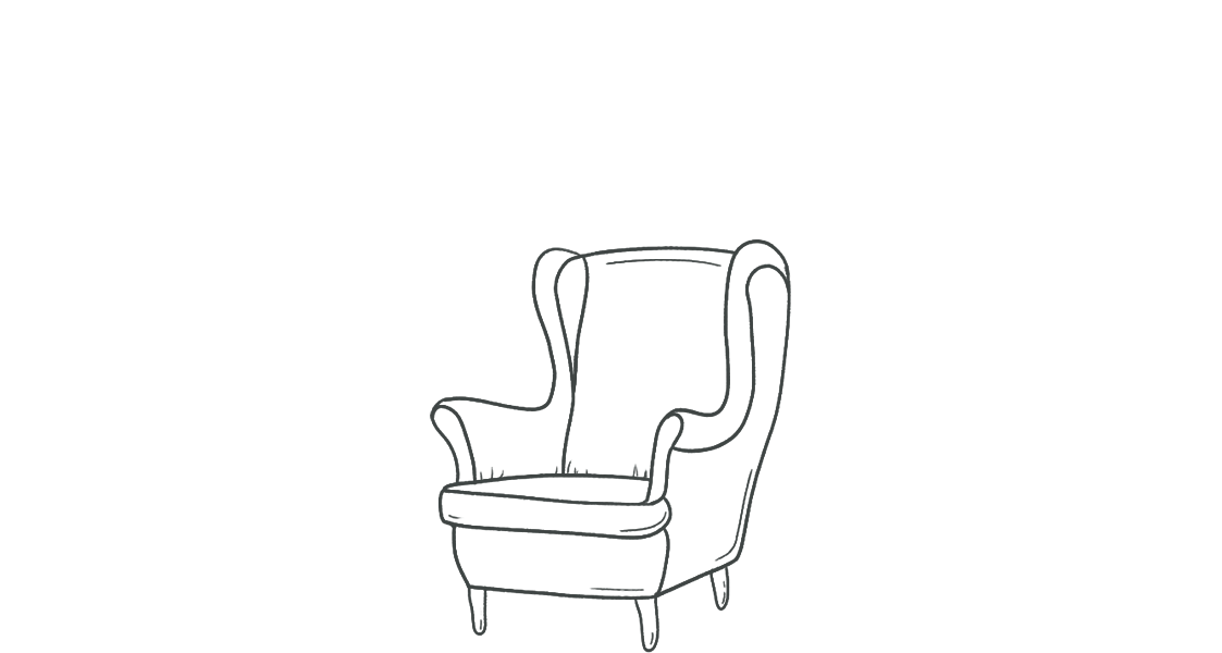 Line art drawing of a high-back armchair with winged sides, rounded armrests, and four slender legs.