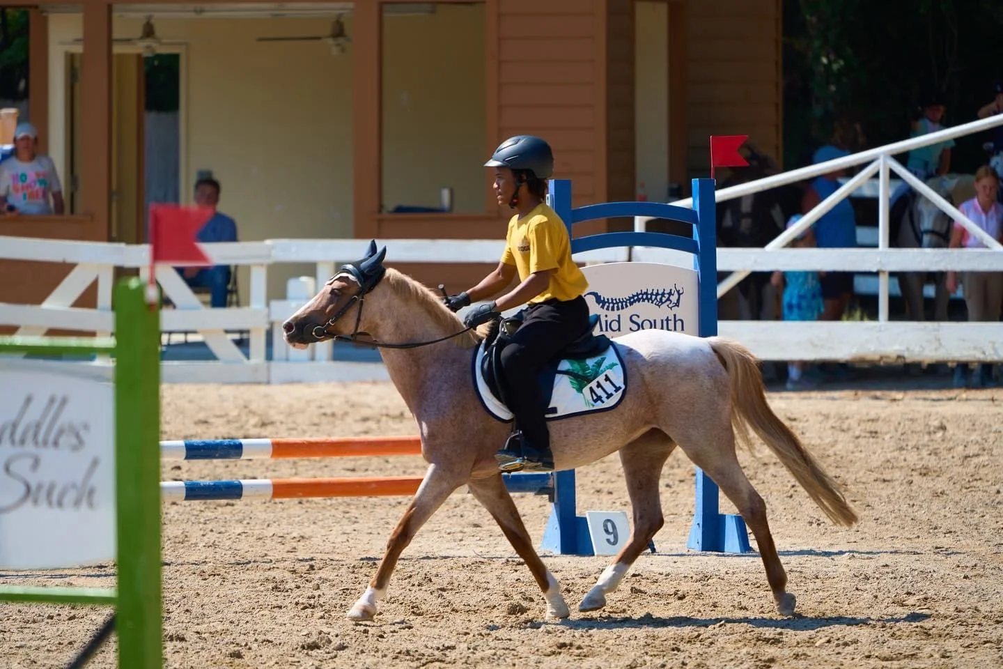 A rider in a yellow shirt and black helmet on a horse, participating in an equestrian event. The setting is an outdoor arena with jumps and spectators in the background. The horse's saddle is marked with number 411 and a "Mid South" sign is visible.