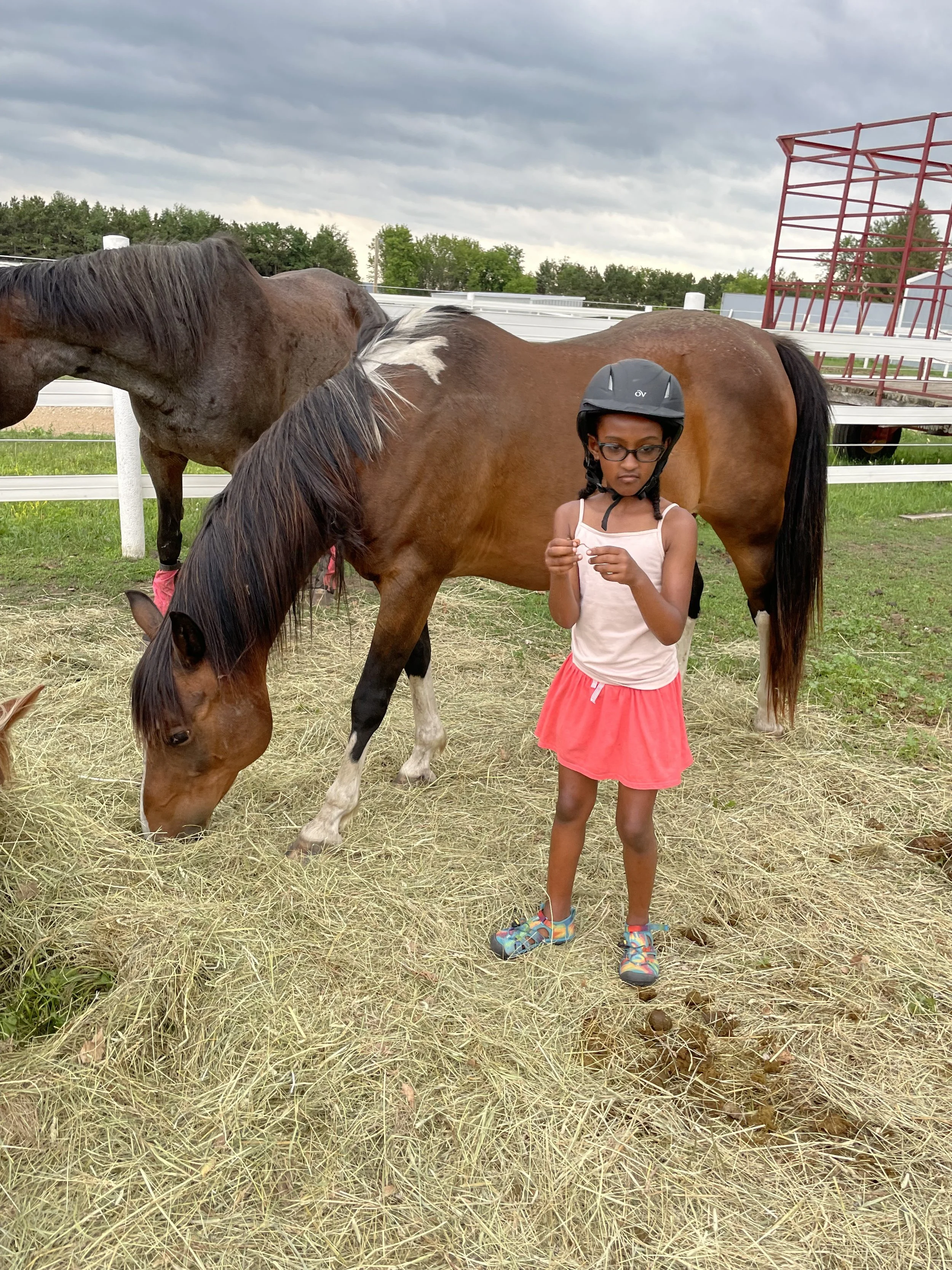 Young girl wearing a helmet stands near a brown horse in a paddock.
