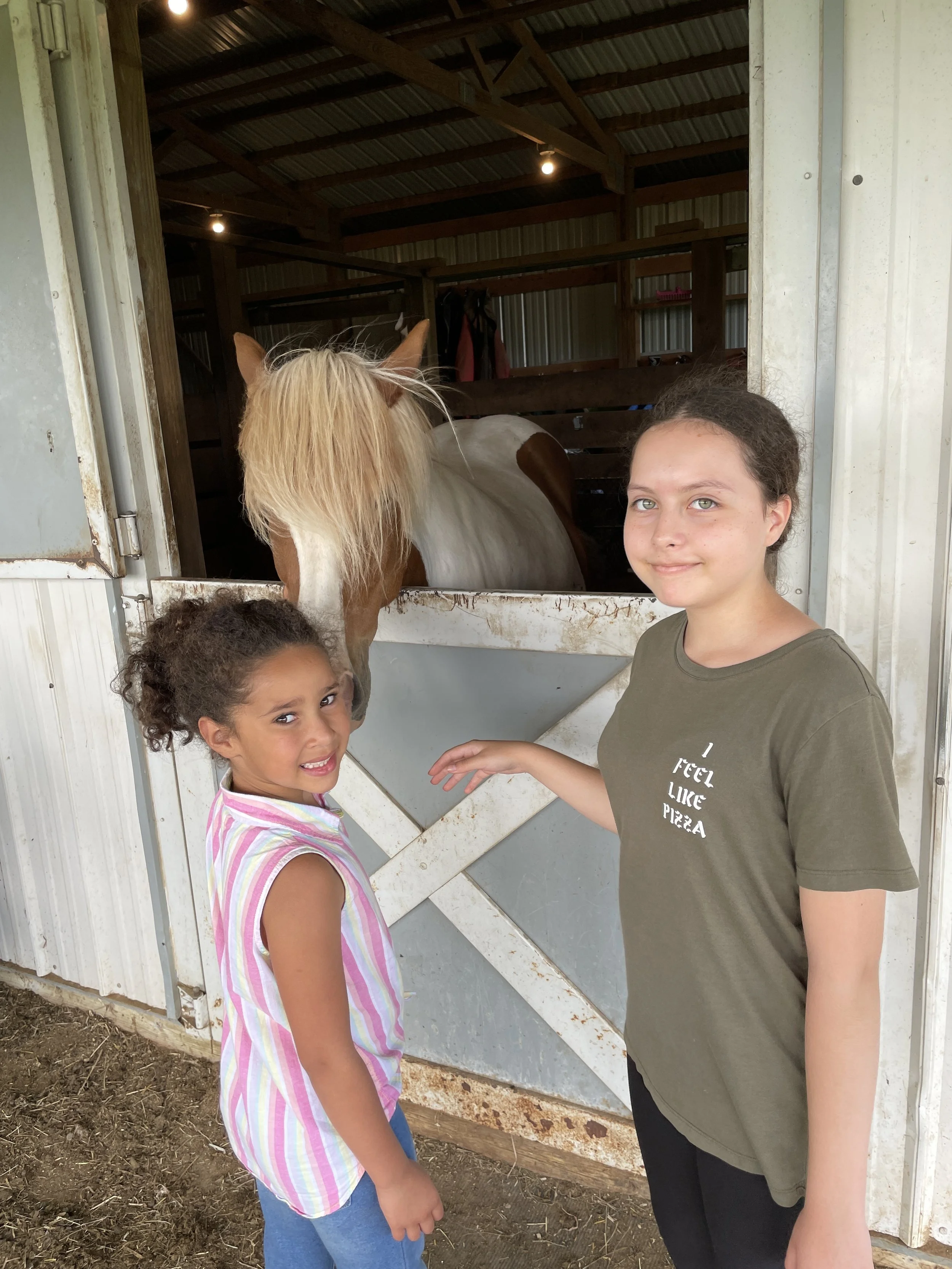 Two children standing at a stable with a brown and white horse peeking out from a stall door.