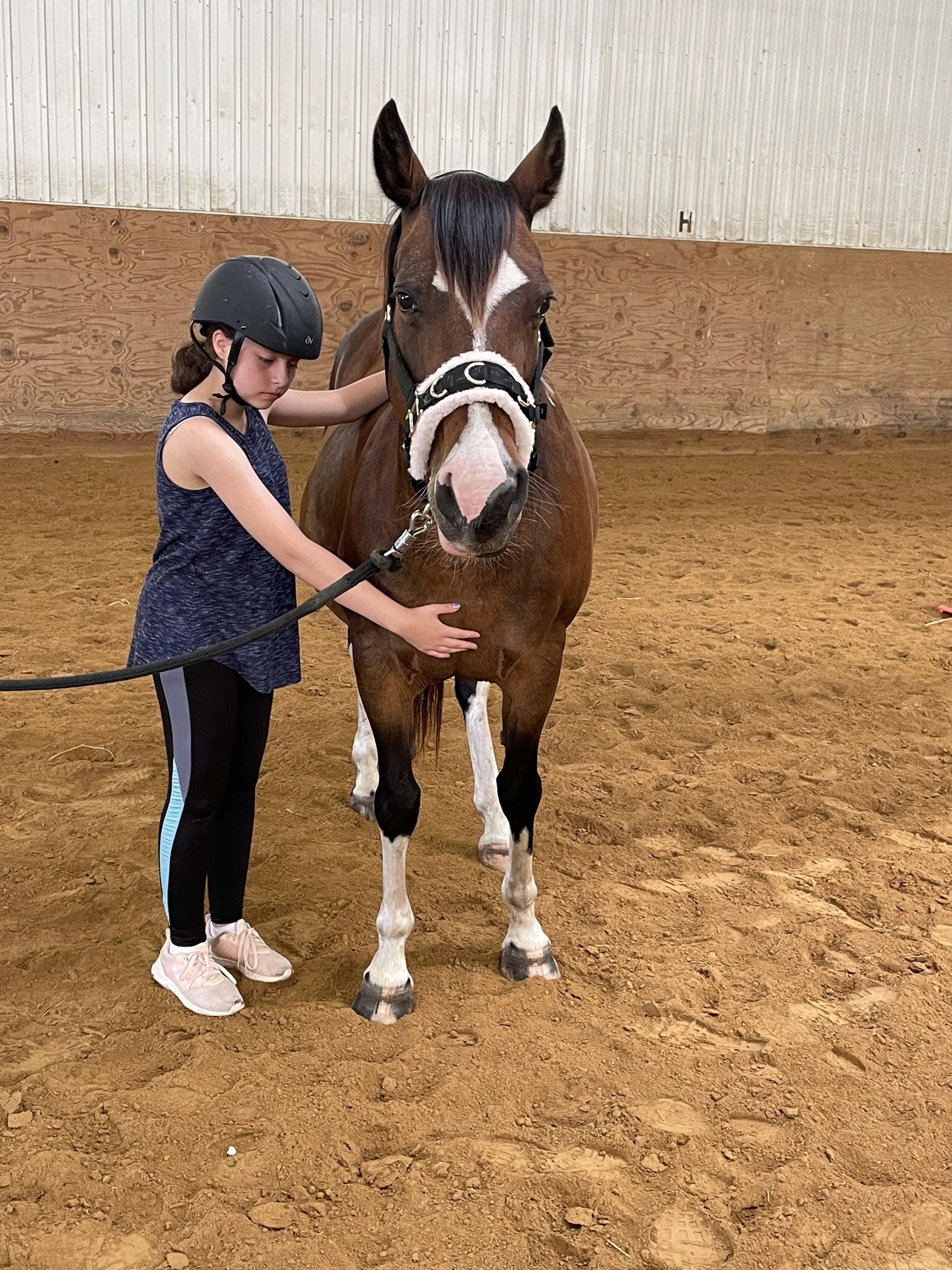 A young girl wearing a helmet stands next to a brown horse in an indoor riding arena. She is holding the horse's lead rope and petting its neck.