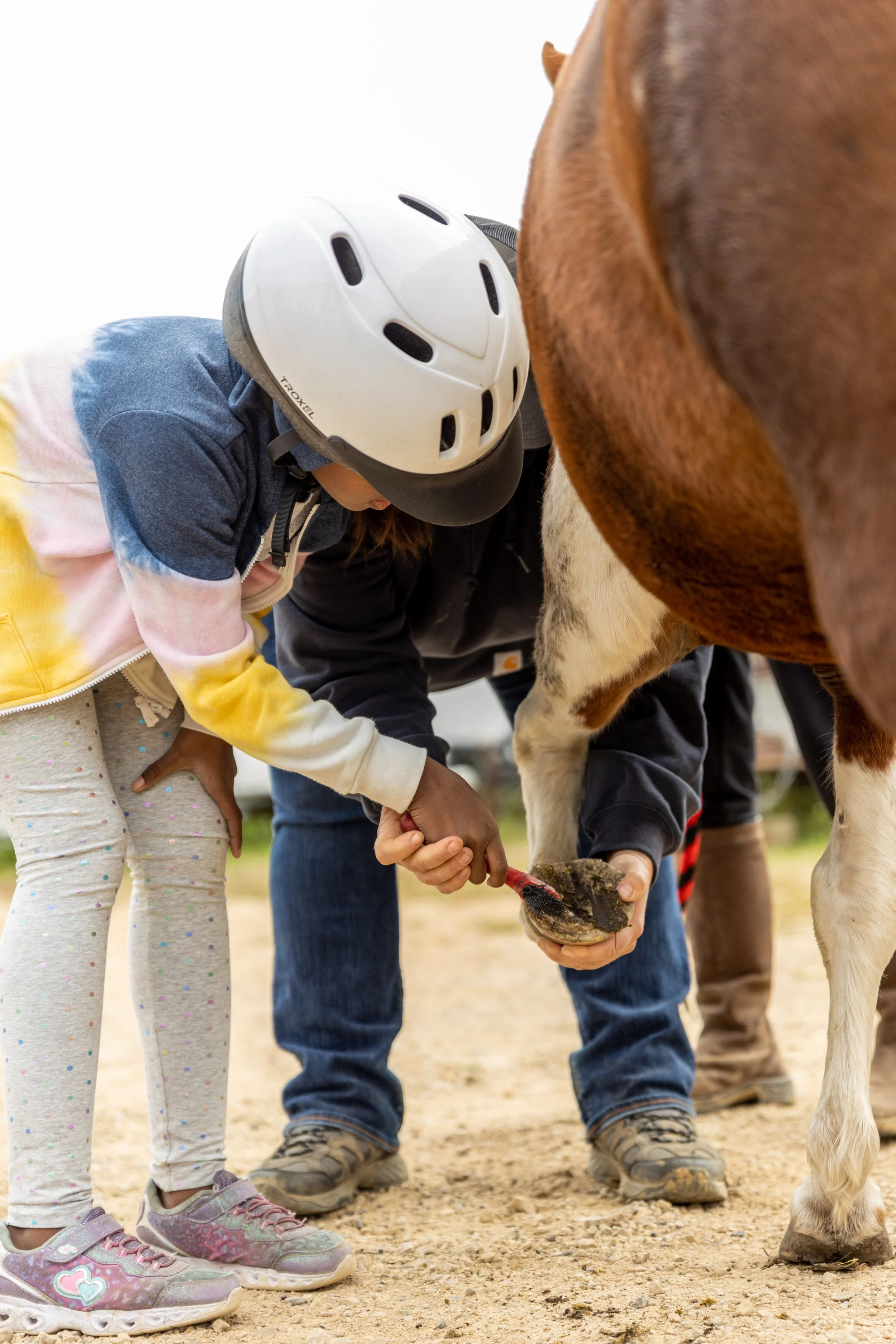 Child wearing helmet helps clean a horse's hoof with an adult's guidance.