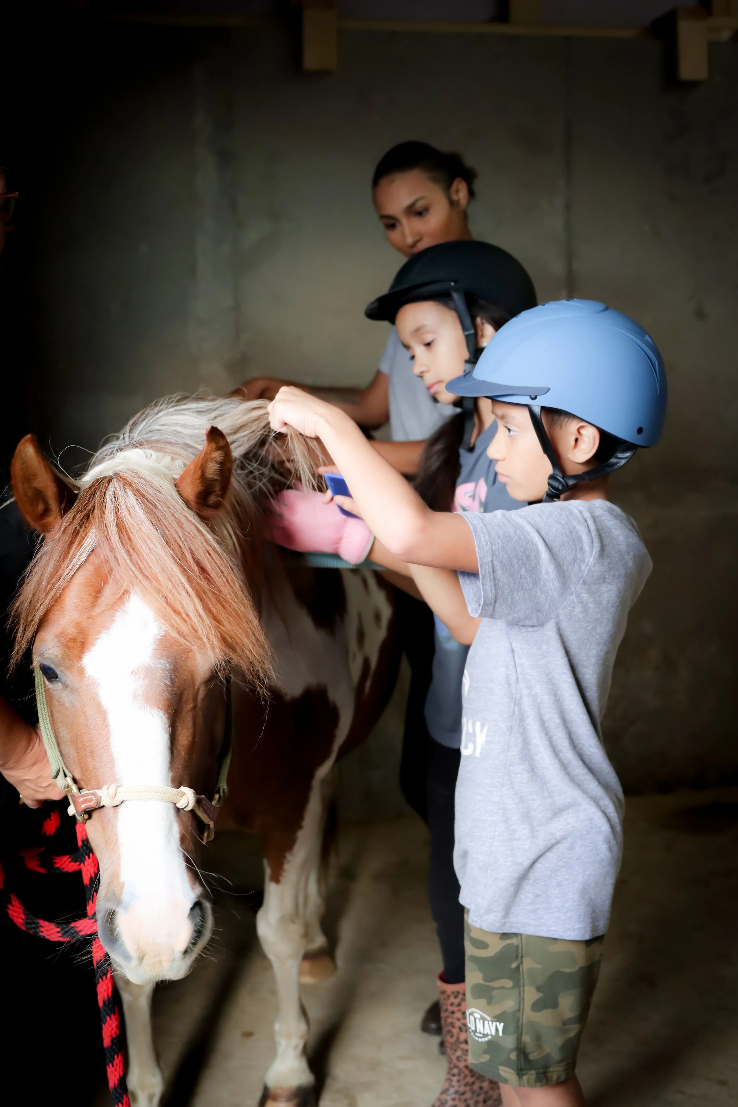 Children wearing helmets groom a pony in a stable, supervised by an adult. The pony has a brown and white coat.
