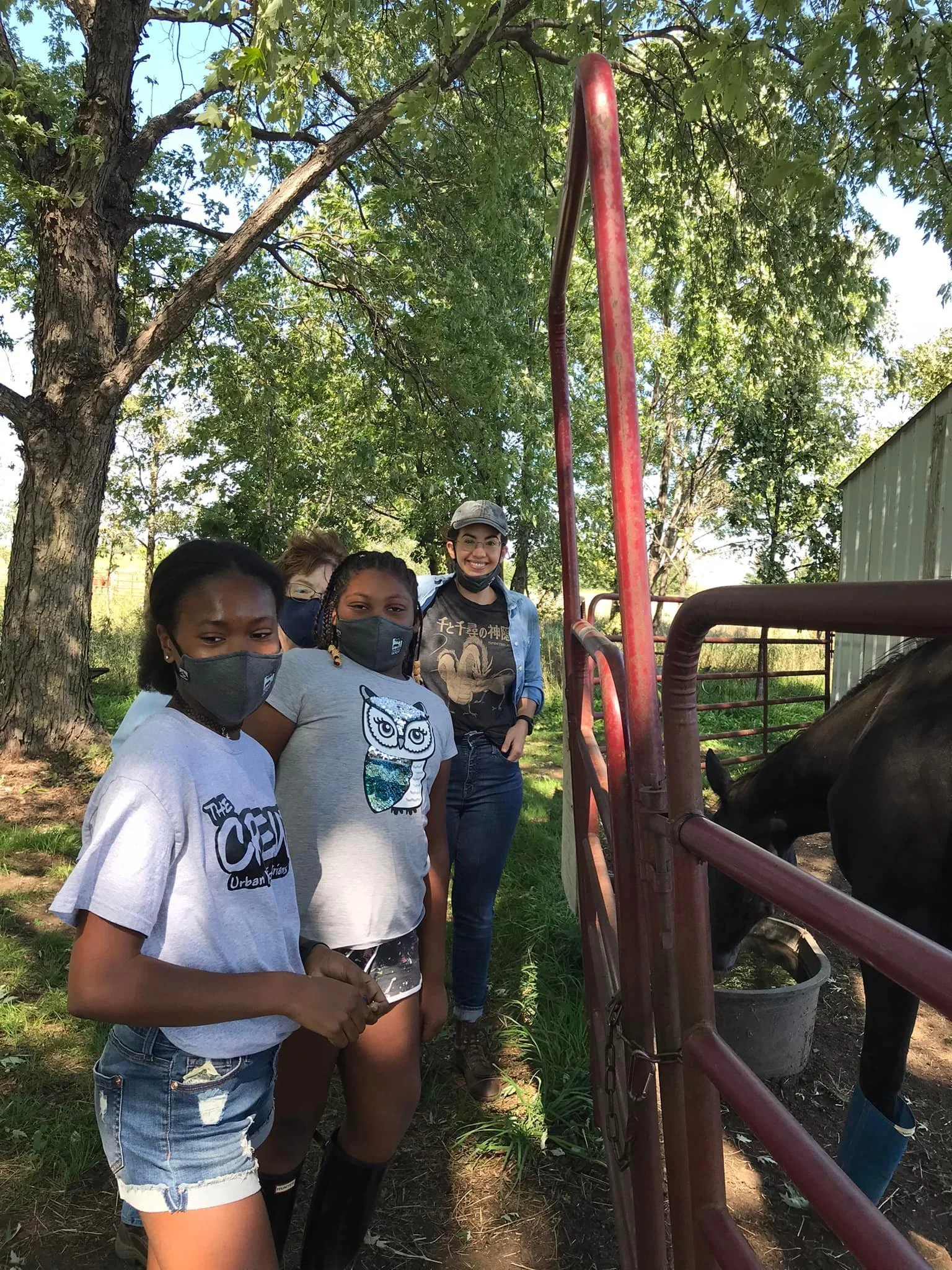 Group of young people wearing masks standing near a horse feeding in a paddock.