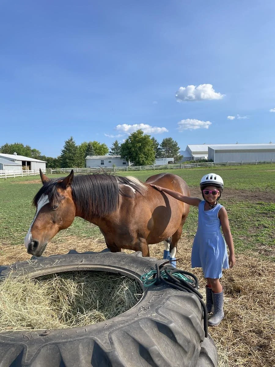 A girl in a blue dress and helmet standing next to a brown horse near a hay feeder made from a large tire on a farm.