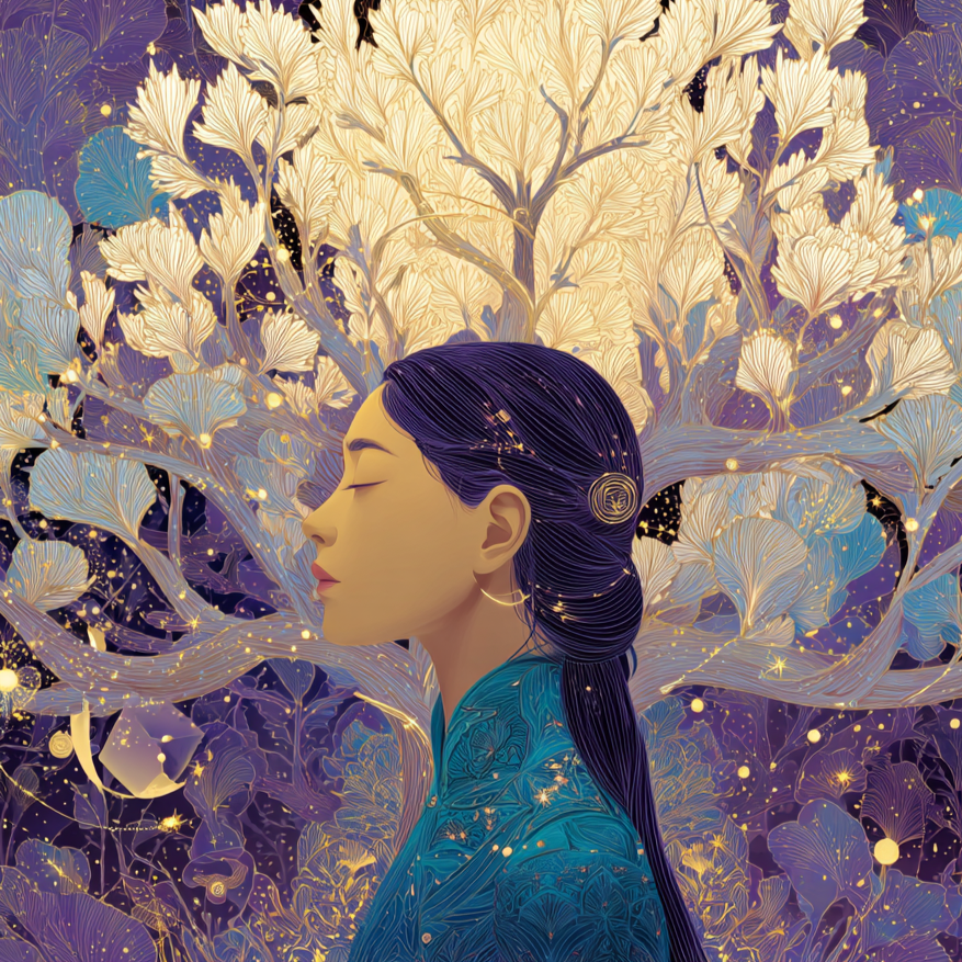 Artistic depiction of a person in a red kimono looking at a mythical dragon against a large sun and abstract cityscape background.