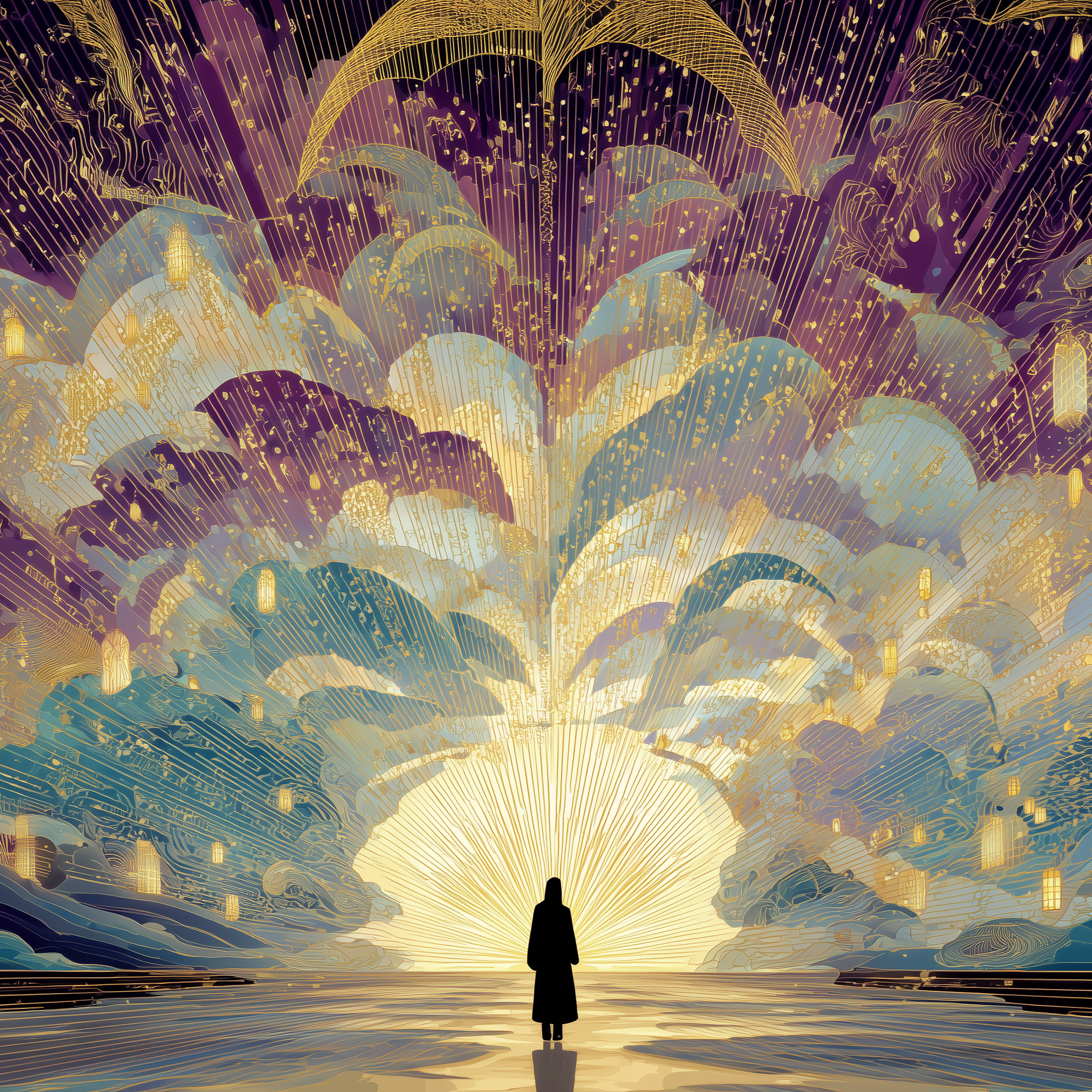 Illustration of a person surrounded by large orange mushrooms and tropical leaves, with eyes closed and golden light beaming upwards.