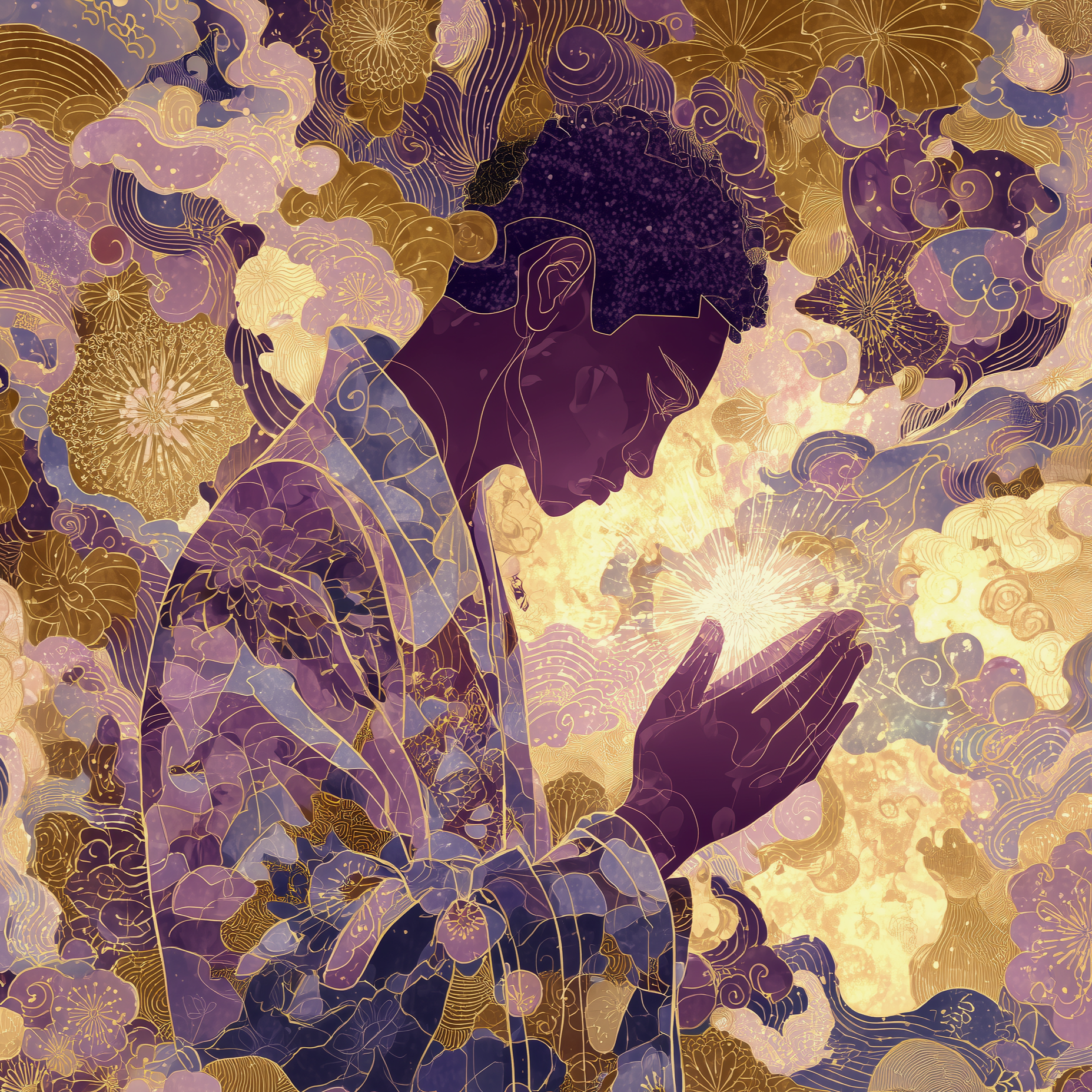 Digital artwork of a person meditating, glowing energy emanating from their hands and body, eyes closed, and abstract lines surrounding them against a blue background.