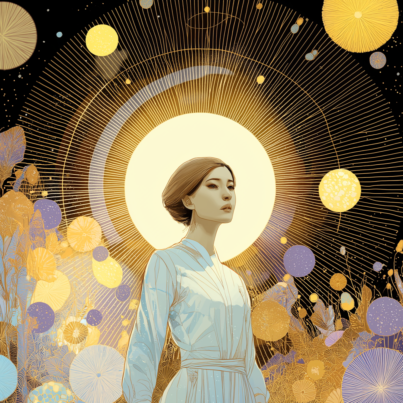 Abstract illustration of a bright, circular celestial body surrounded by swirling clouds and stars in warm orange and blue tones.