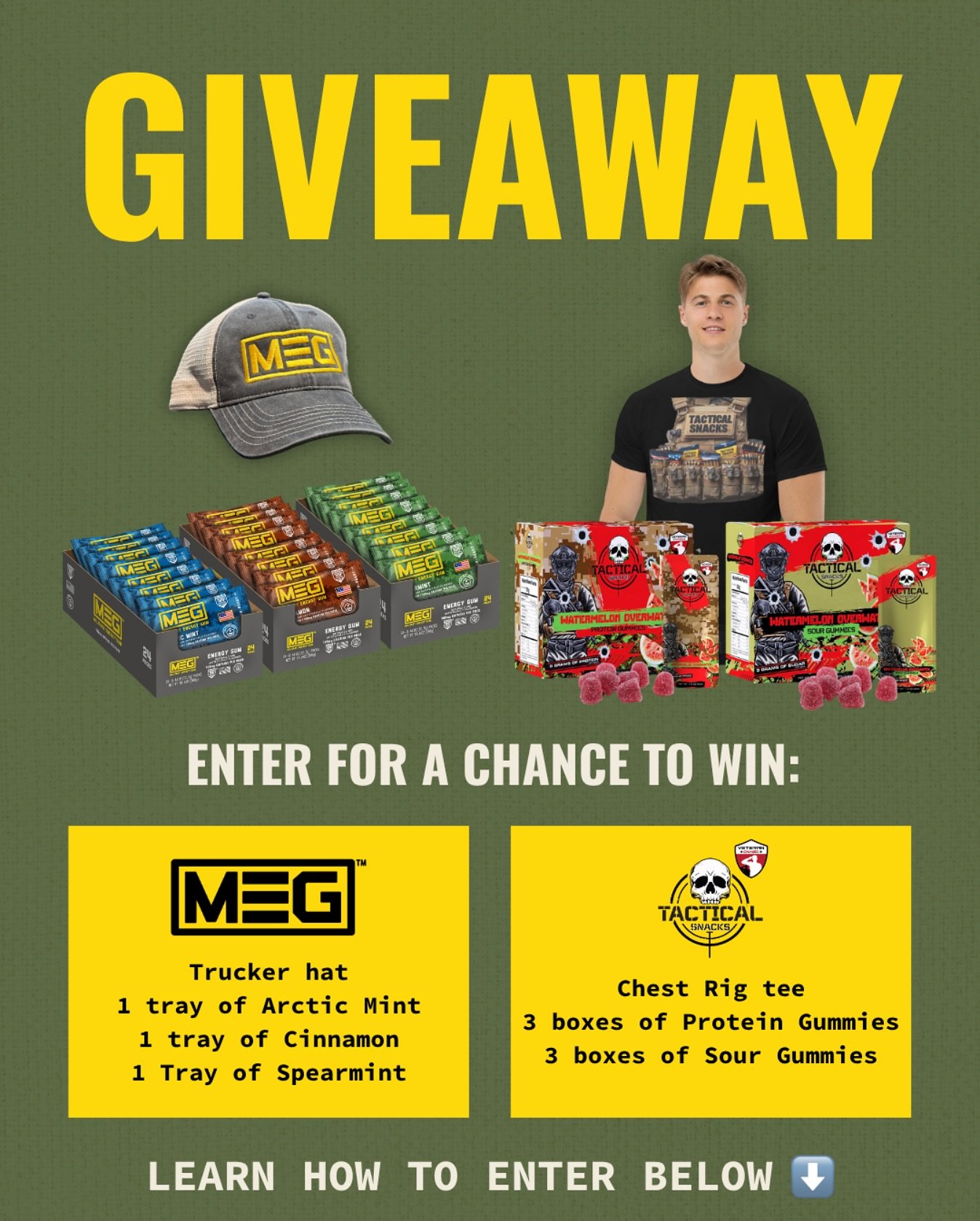 🚨GIVEAWAY ALERT🚨
We are teaming up with @tacticalsnacksx to give away a MASSIVE supply drop.

To Enter:
1. Follow @militaryenergy and @tacticalsnacksx on IG
2. Tag 3 of your buddies in the comments
3. Like this post

Winner will be selected on 6/23