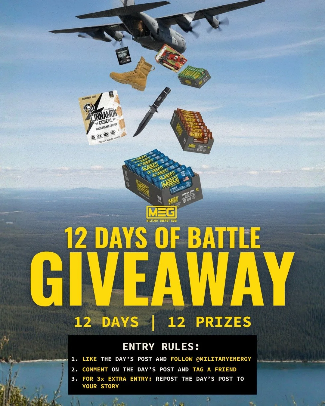 12 days. 12 prizes.
Collabs, gear drops, and one massive finale.
The 12 Days of Battle Giveaway starts Monday, December 1st.

Winner picked 24 hours after each drop, day 1-12. Stay locked in.

#MilitaryEnergy