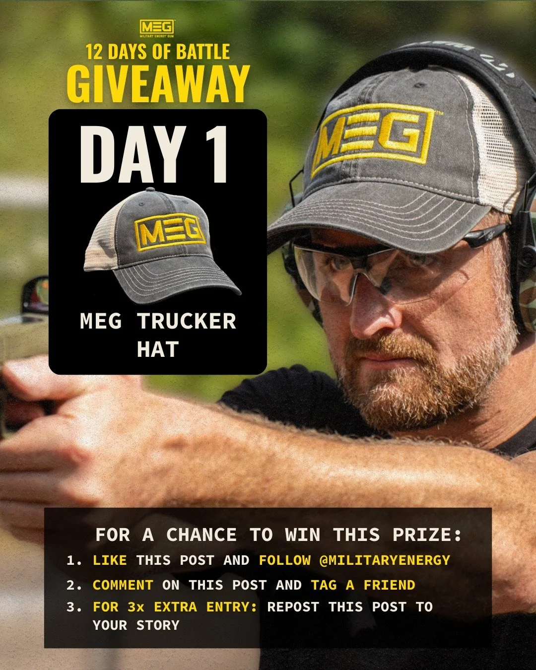 DAY 1 of the 12 Days of Battle Giveaway starts NOW.
Kicking things off with a clean MEG Trucker Hat &mdash; built for anyone who runs on caffeine, hard work, and questionable sleep schedules.

How to enter:
👍 Like this post
👤 Follow @MilitaryEnergy