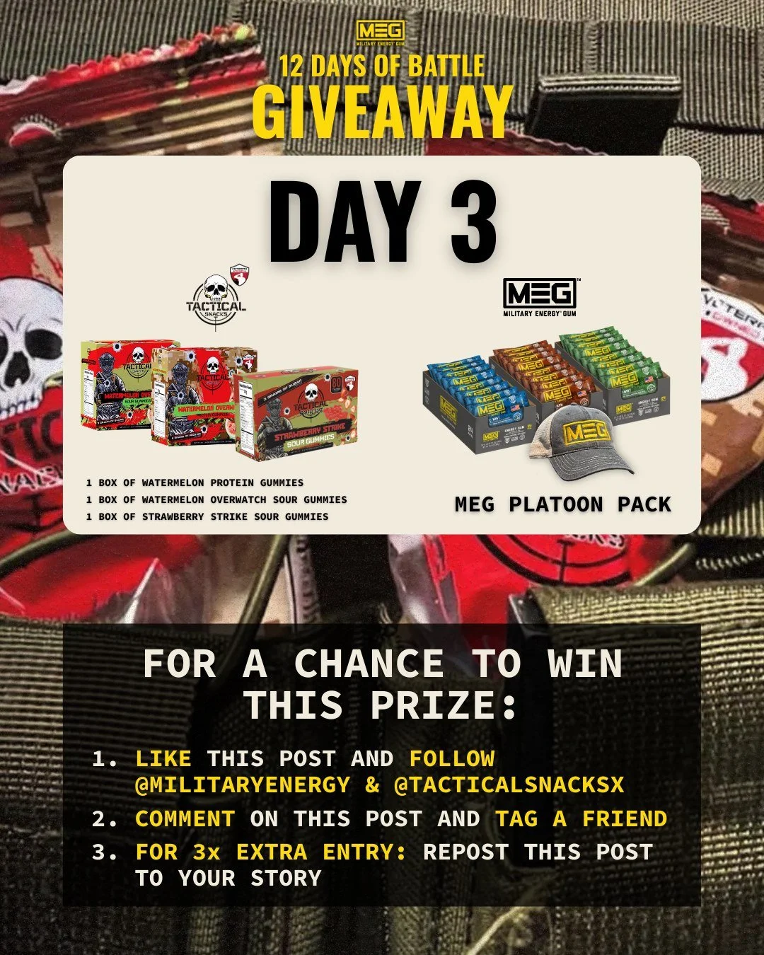 DAY 3 incoming &mdash; and it&rsquo;s a collab drop.
We teamed up with @tacticalsnacksx for a giveaway loaded with flavor + energy. Perfect for range days, rucks, and 0300 &ldquo;why am I awake&rdquo; shifts.

Rules:
👍 Like this post
👤 Follow @Mili