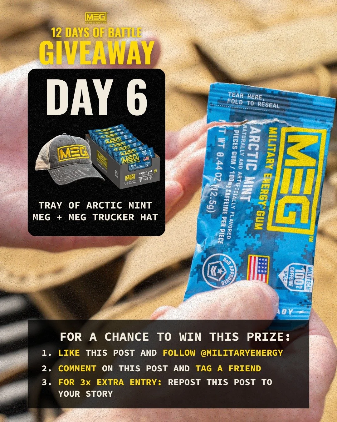 DAY 6 is live.
Arctic Mint MEG + a MEG Trucker hat. Stay frosty.

How to enter:
👍 Like this post
👤 Follow @MilitaryEnergy
💬 Tag a friend
🔄 Repost to your story for 3 extra entries

Keep your eyes up &mdash; tomorrow is a big one.