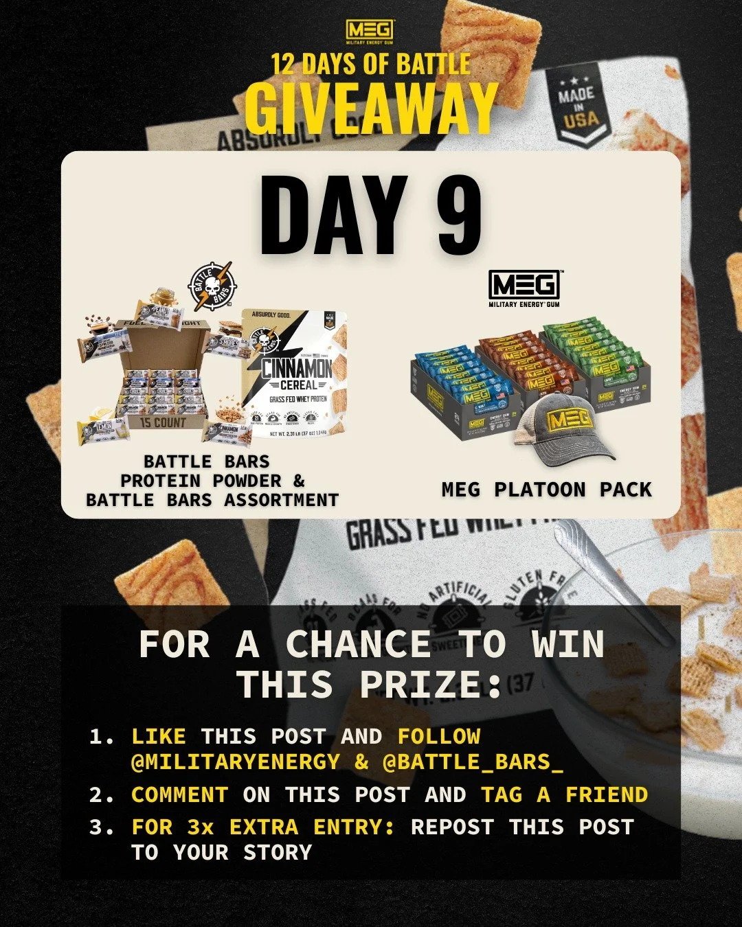 DAY 9: @Battle_Bars_ joins the fight.
This giveaway pairs MEG with Battle Bars for unmatched mission fuel.

How to enter:
👍 Like this post
👤 Follow @MilitaryEnergy &amp; @Battle_Bars_
💬 Tag a friend
🔄 Repost to your story for 3 extra entries

Two