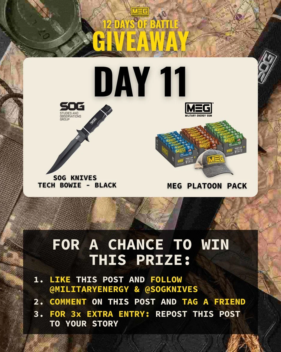 DAY 11 &mdash; stand by for steel.
Today we are teaming up with @sogknives for a giveaway that will help you stay sharp in more ways than one.

Steps to enter:
👍 Like
👤 Follow @MilitaryEnergy and @sogknives
💬 Tag a friend who loves their EDC
🔄 Re