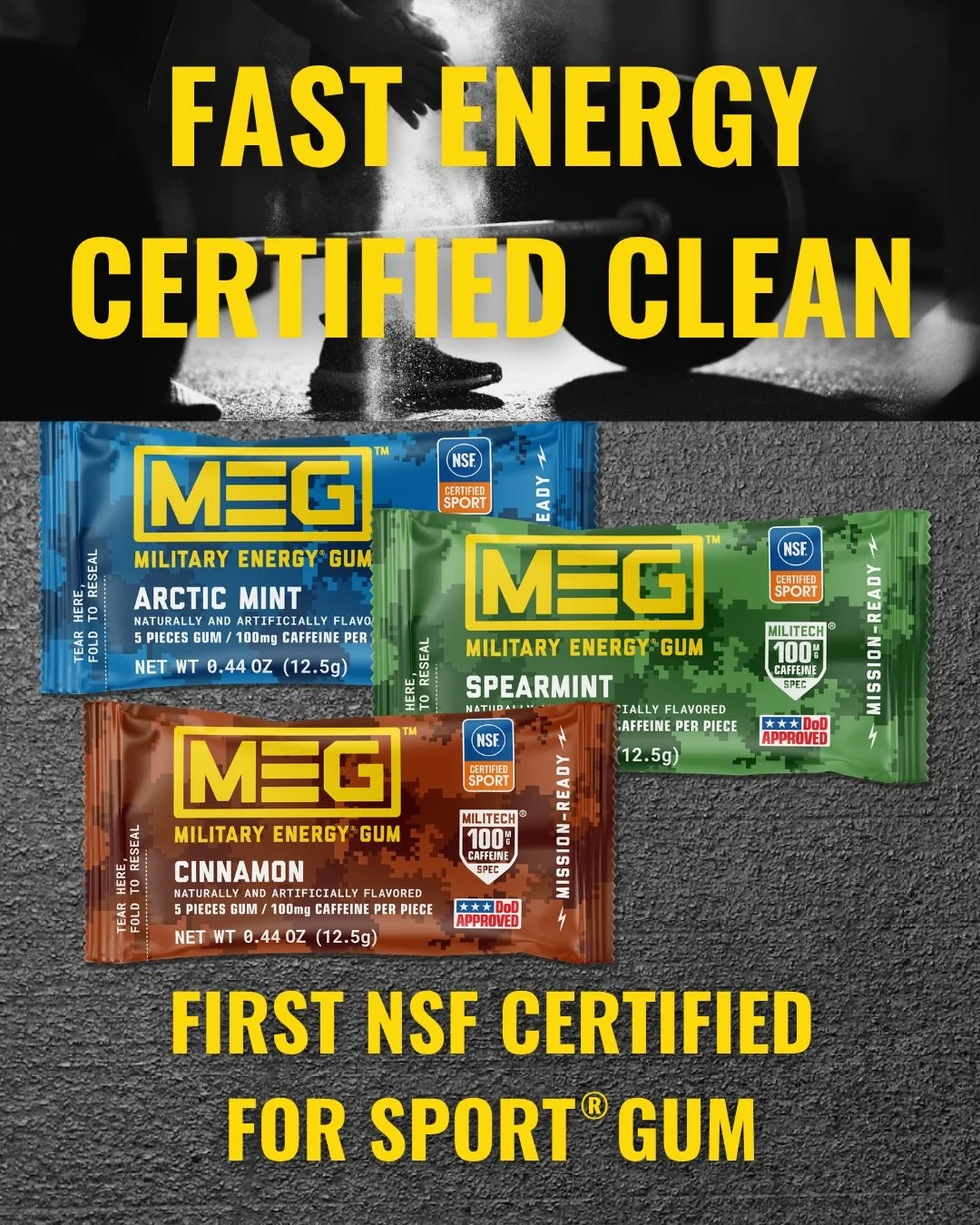 MEG is the first &amp; only NSF Certified Gum.
Built for performance you can trust. 
Learn more at the link in our bio. 

#MilitaryEnergy #NSFCertifiedforSport #NSF