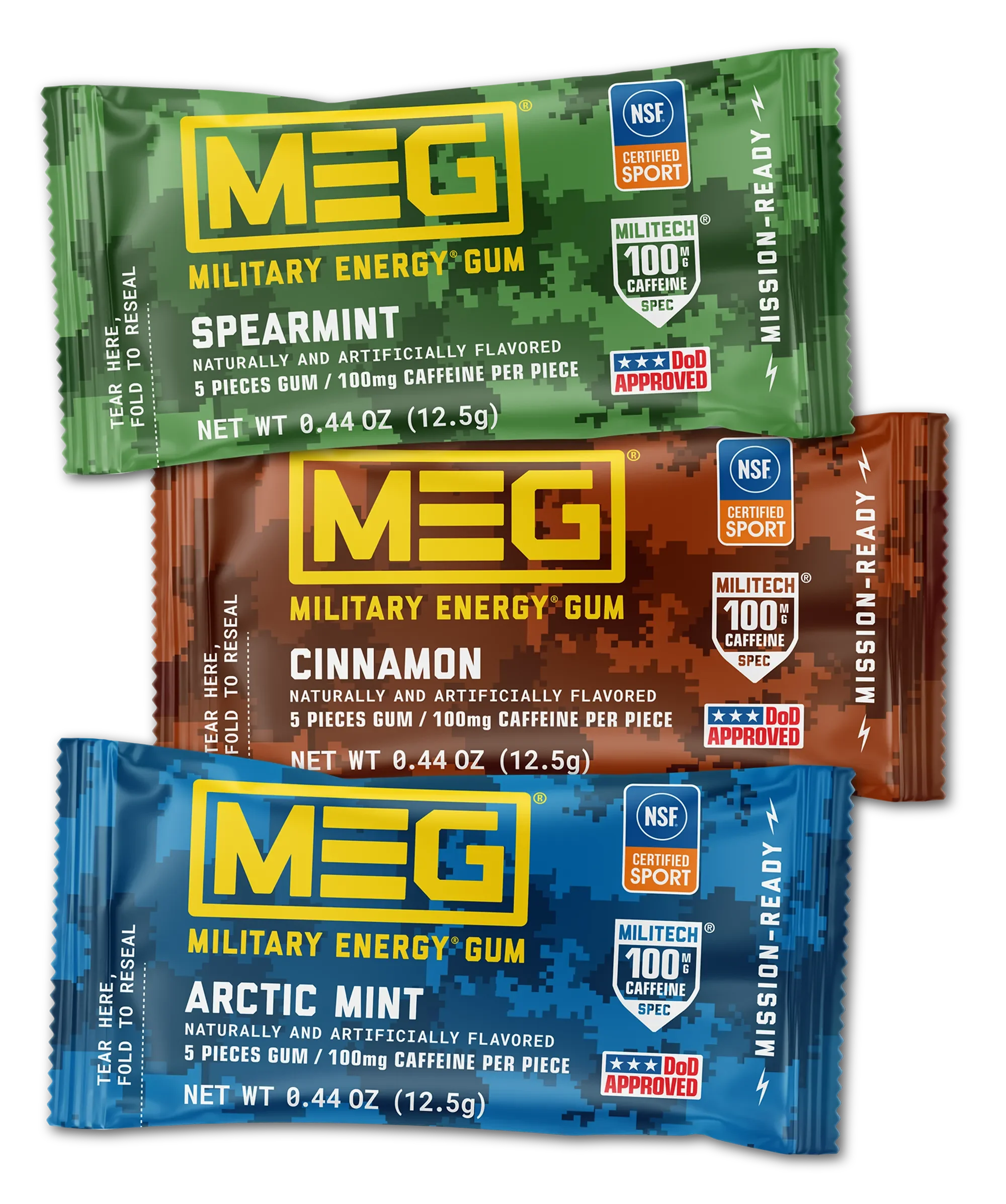 Three packs of MEG Military Energy Gum in Spearmint, Cinnamon, and Arctic Mint flavors.