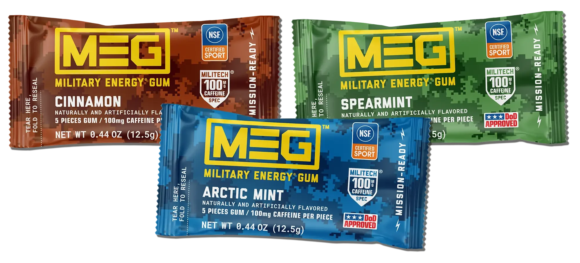 Military Energy Gum Pouches in Cinnamon, Arctic Mint, and Cinnamon flavor
