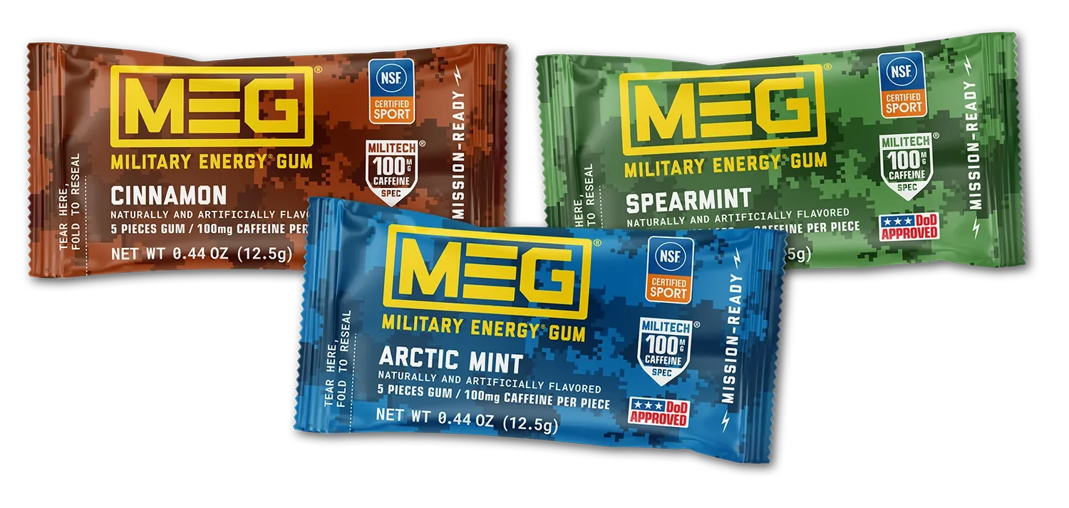 Three packages of MEG Military Energy Gum in Spearmint, Cinnamon, and Arctic Mint flavors. Each package contains five pieces of gum with 100mg caffeine per piece.