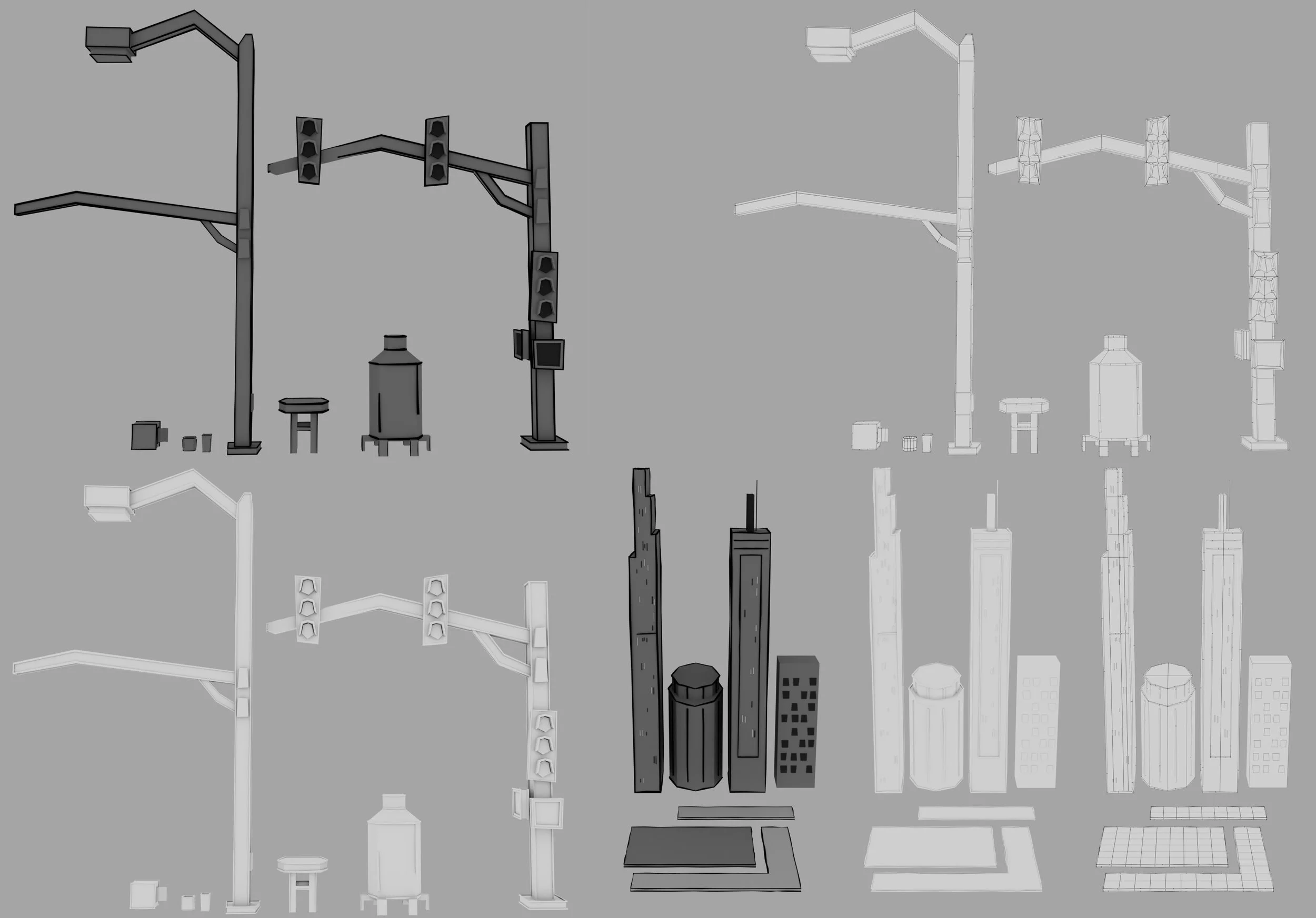 Here are more props and high-rise buildings I made during both my spring and fall semesters. The stoplight beams were made in the spring along with high-rise buildings, which were used as buildings scaled large to be in the background of the foregrou