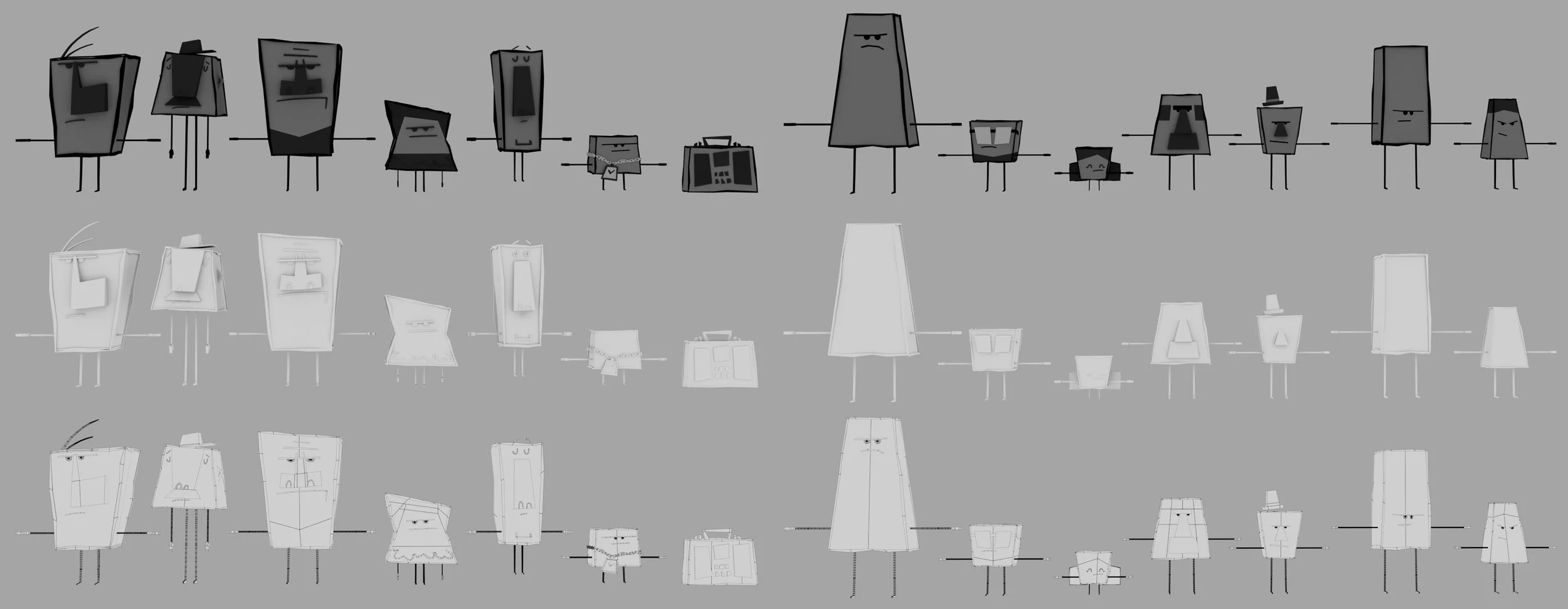 These are various other side characters I worked on in the 2024 spring semester. The characters on the left half were made from reference to the concept art by our director Sean McComber. The characters on the right half were completely original and