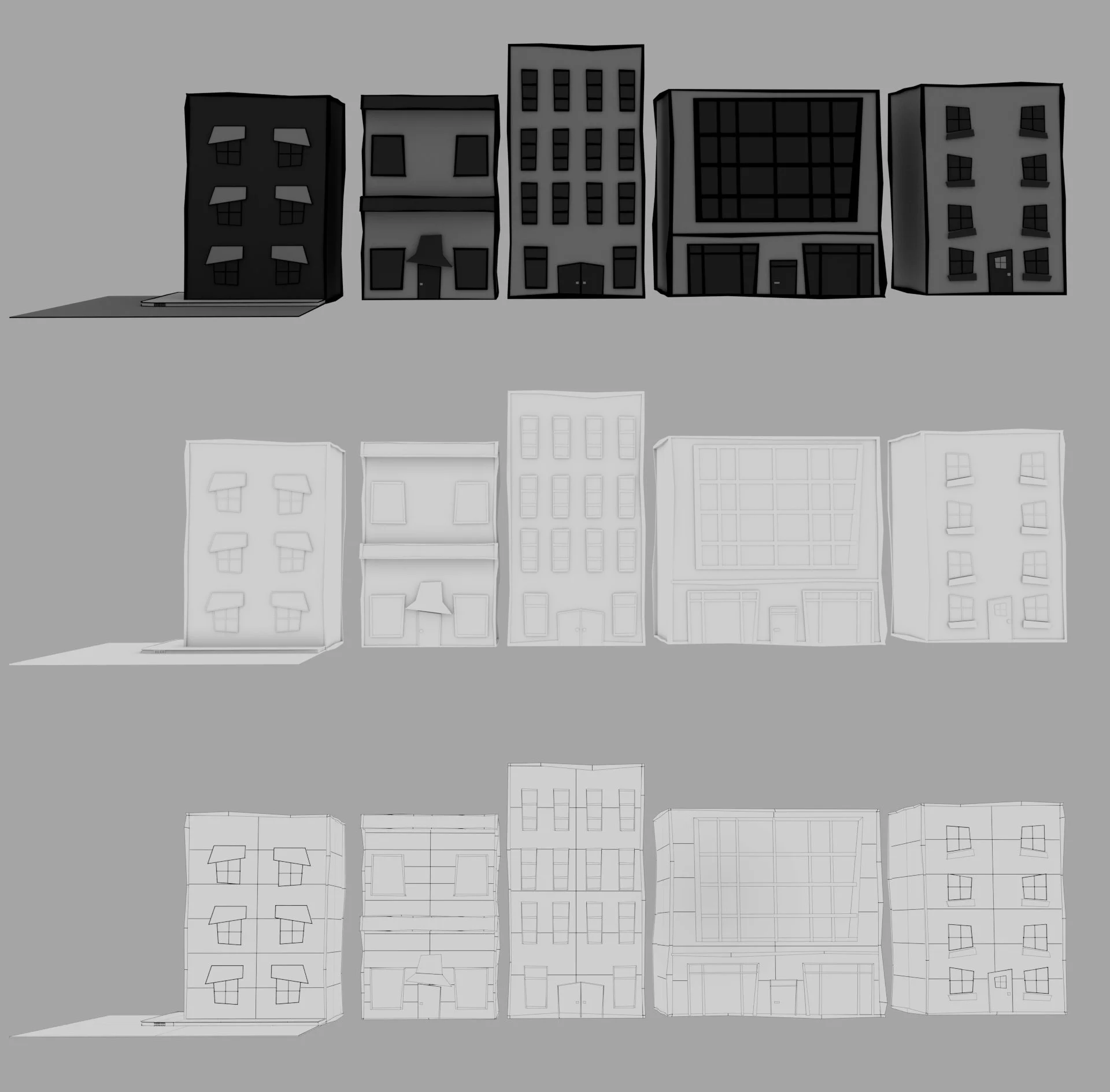Buildings I made during the spring semester. These assets were reused multiple times throughout various sets to create the city streets.