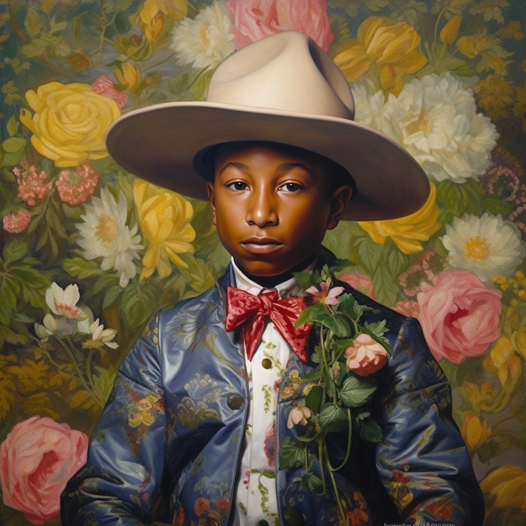 Portrait of a Pharrell young boy wearing a wide-brimmed hat and a floral suit, with an ornate floral background.
