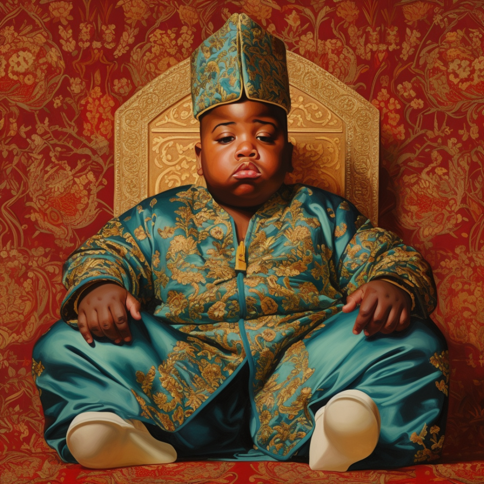 Illustration of a Biggie Smalls child sitting on a golden throne wearing a blue and gold brocade robe and matching hat.