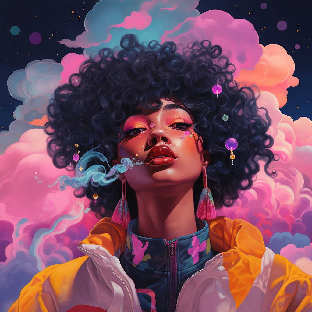 Surreal portrait of a woman with curly hair and colorful clouds background, wearing vibrant makeup, tassel earrings, and a multicolored jacket.