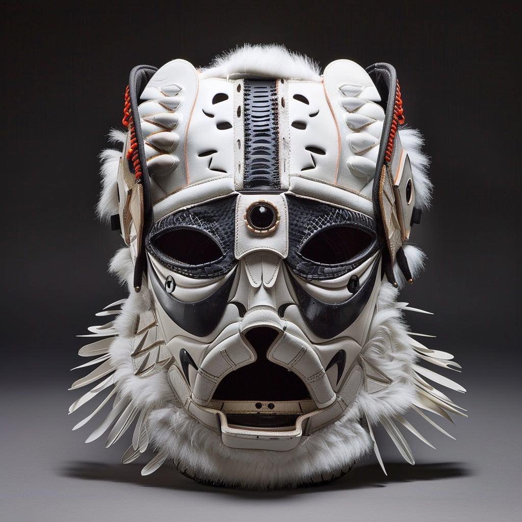 Intricately designed tribal-style mask with feathers and dark eye cutouts