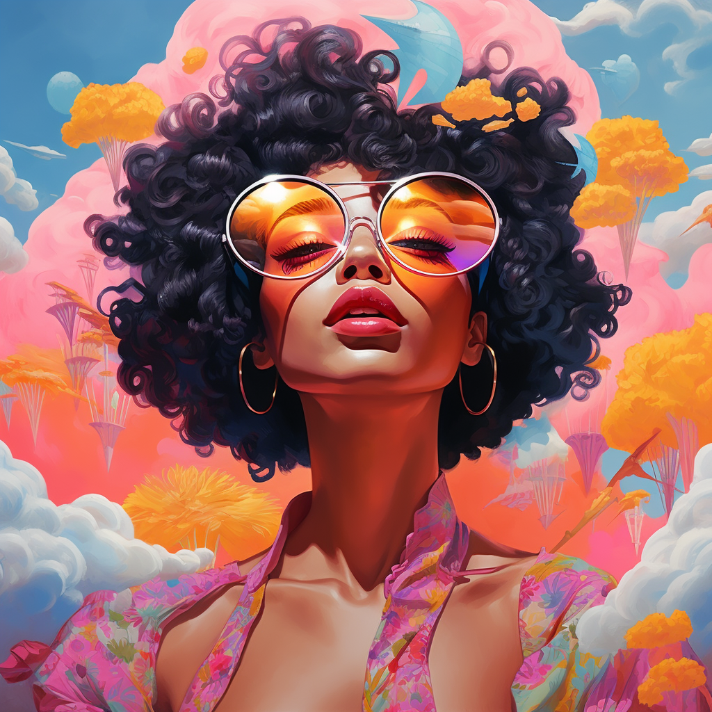 A stylish woman with curly hair and large sunglasses in a colorful, surreal landscape with vibrant clouds and abstract trees.
