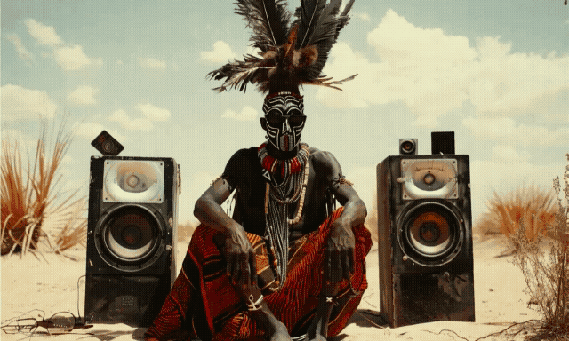 Person in tribal attire with headdress, sitting between two large speakers in a desert landscape.