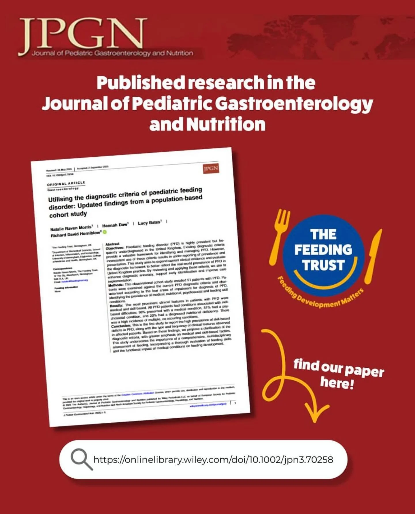 Amazing work from The Feeding Trust - the UK charity for Paediatric Feeding Disorders! 

Some findings from our new UK study found that:

96% of our cohort (with Pediatric Feeding Disorder) had underlying medical challenges

100% had skill based diff