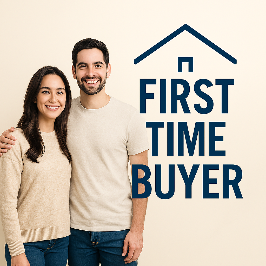 Happy couple standing together, woman with dark hair wearing a beige sweater, man with dark hair and beard wearing a light-colored t-shirt, smiling in front of a sign that reads 'First Time Buyer' with a house icon above the text.