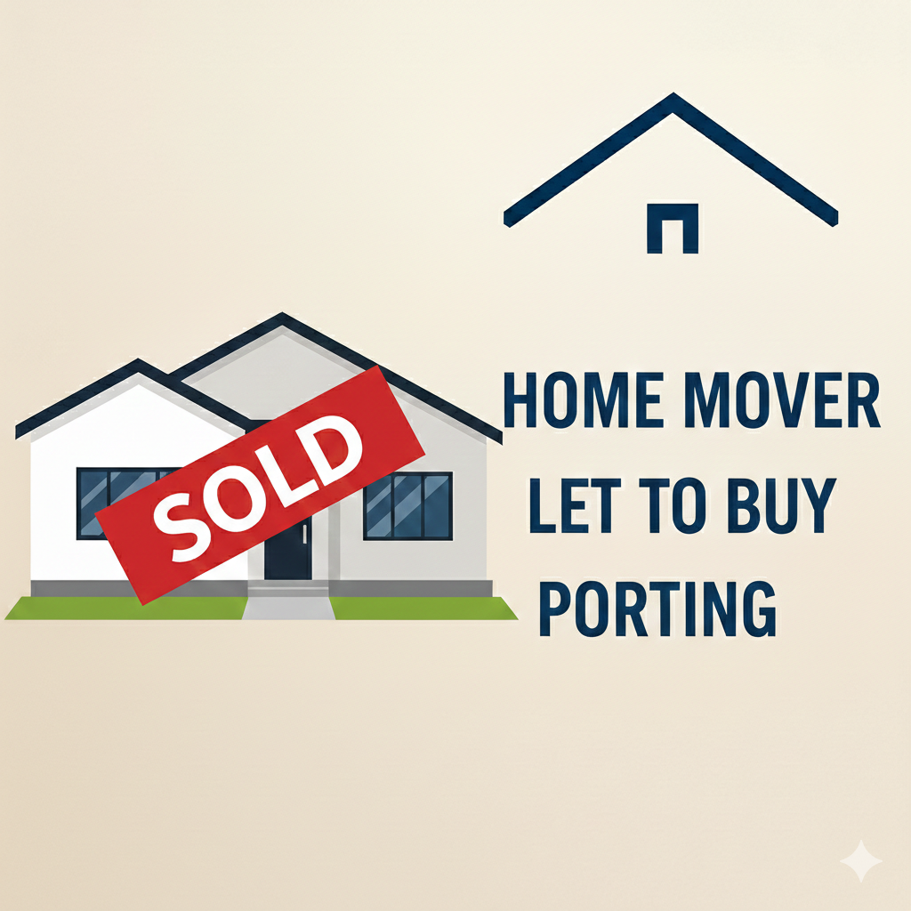 Sign promoting real estate services with a house icon, a large red 'SOLD' banner across a house illustration, and text reading 'Home Mover, Let to Buy, Porting' on a beige background.