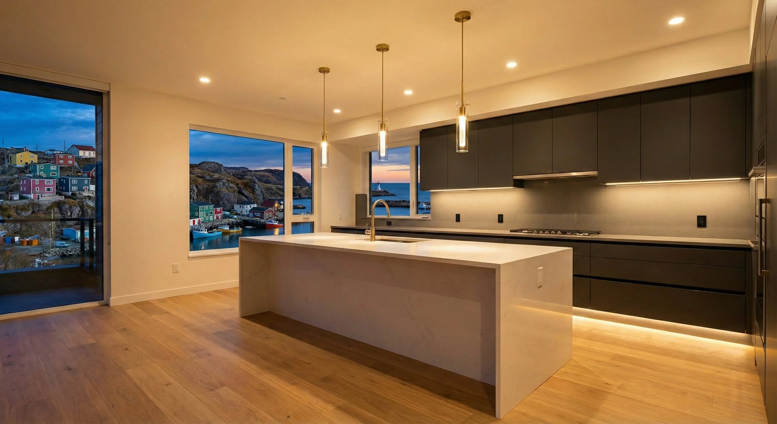 A beautifully renovated, modern kitchen illuminated by clean, flush-mounted LED recessed ceiling lights casting a warm, inviting glow.