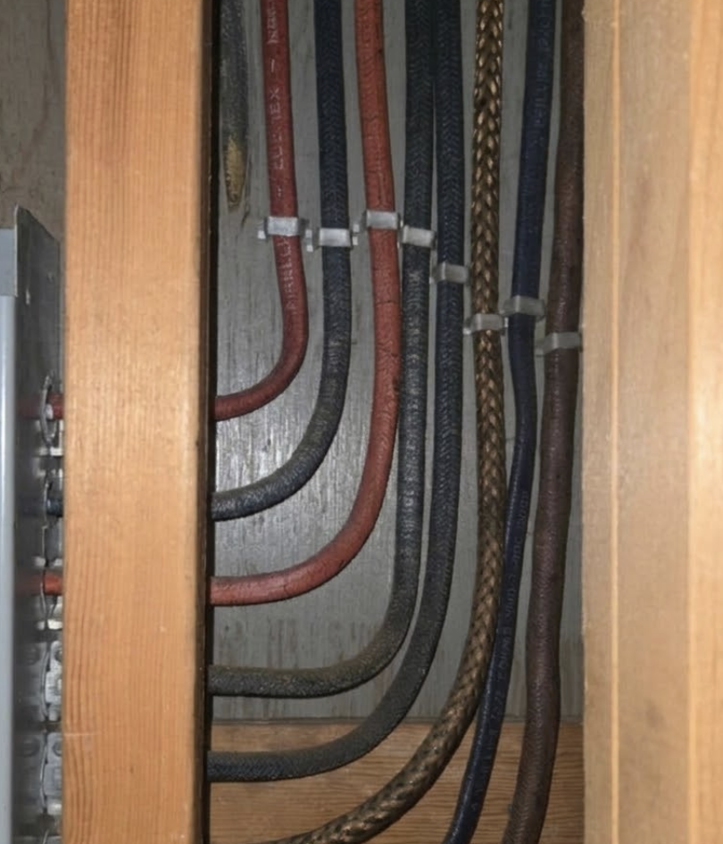 Vintage electrical wiring inside a wooden wall cavity, featuring mid-century 1940s cloth-covered "snakeskin" wire with its distinct glossy, varnished cotton jacket running alongside older cabling.