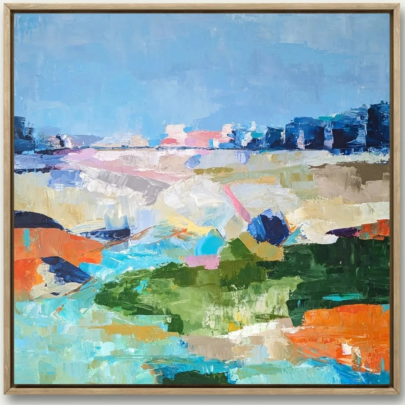 Colourful abstract lanscape painting on canvas with vivid  turquoise, strokes of orange, blues and greens, created with textured palette knife technique.