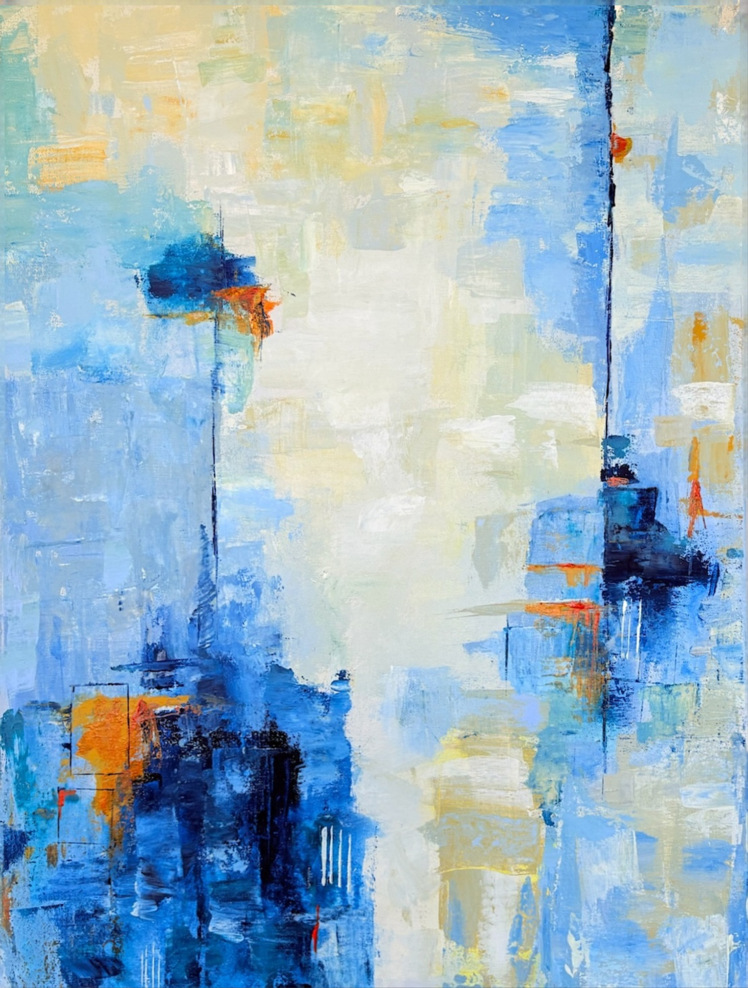 Abstract expressionist painting in vibrant blue tones with bold orange and red accents, featuring layered textures and geometric details.