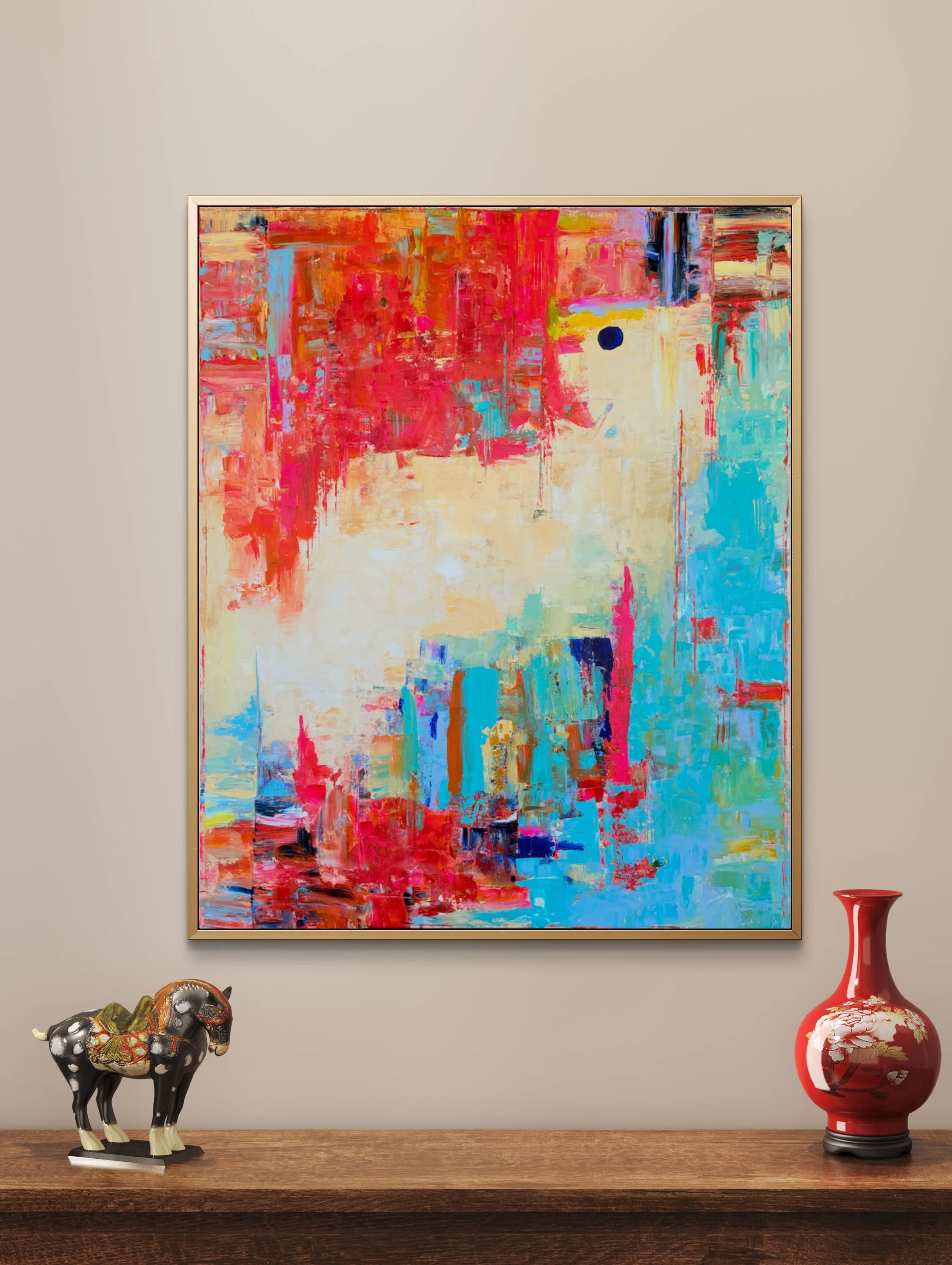 Abstract contemporary art in red and turquoise