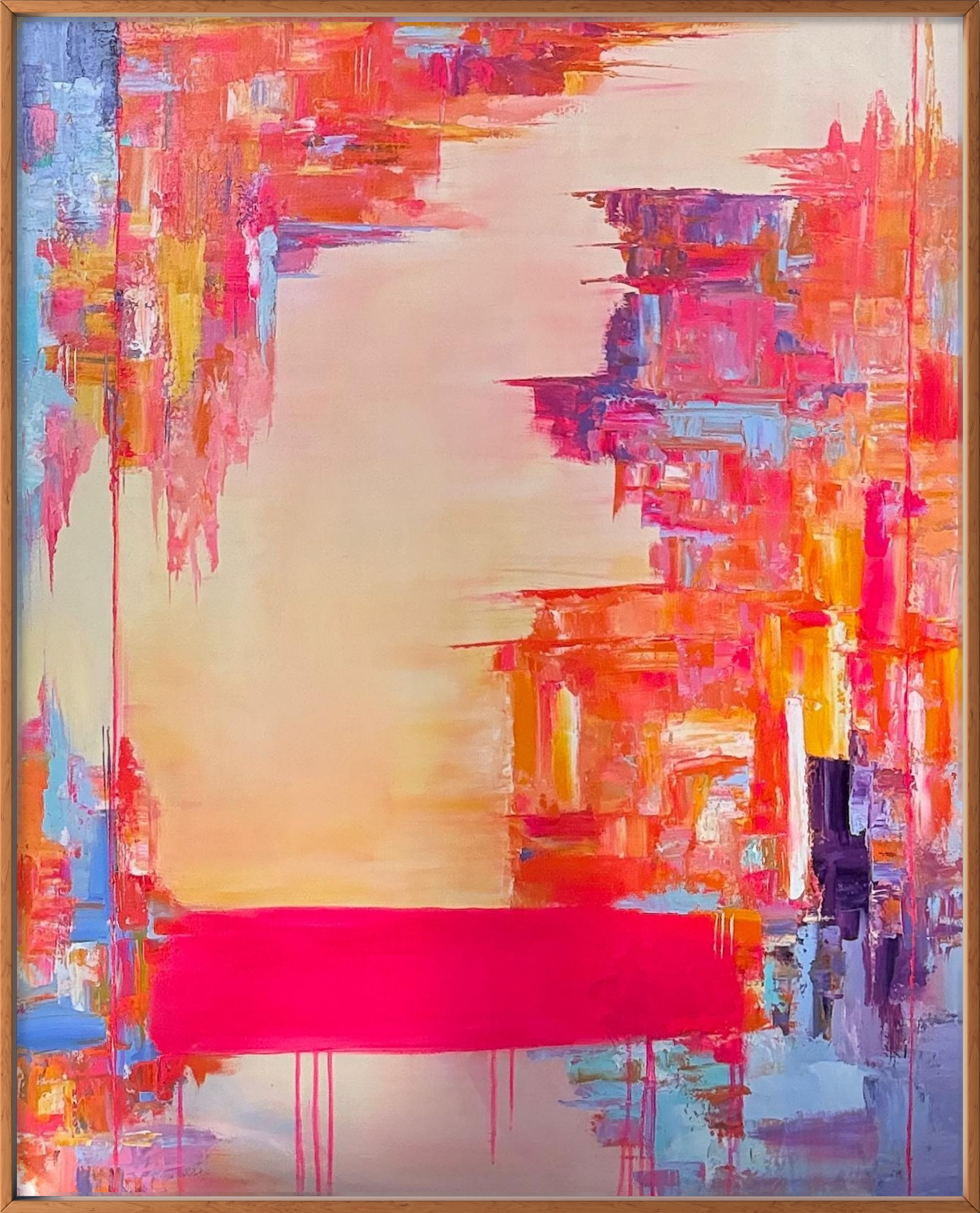 Modern abstract painting with bright pink horizontal stripe, surrounded by expressive brushstrokes in orange, purple, and blue.