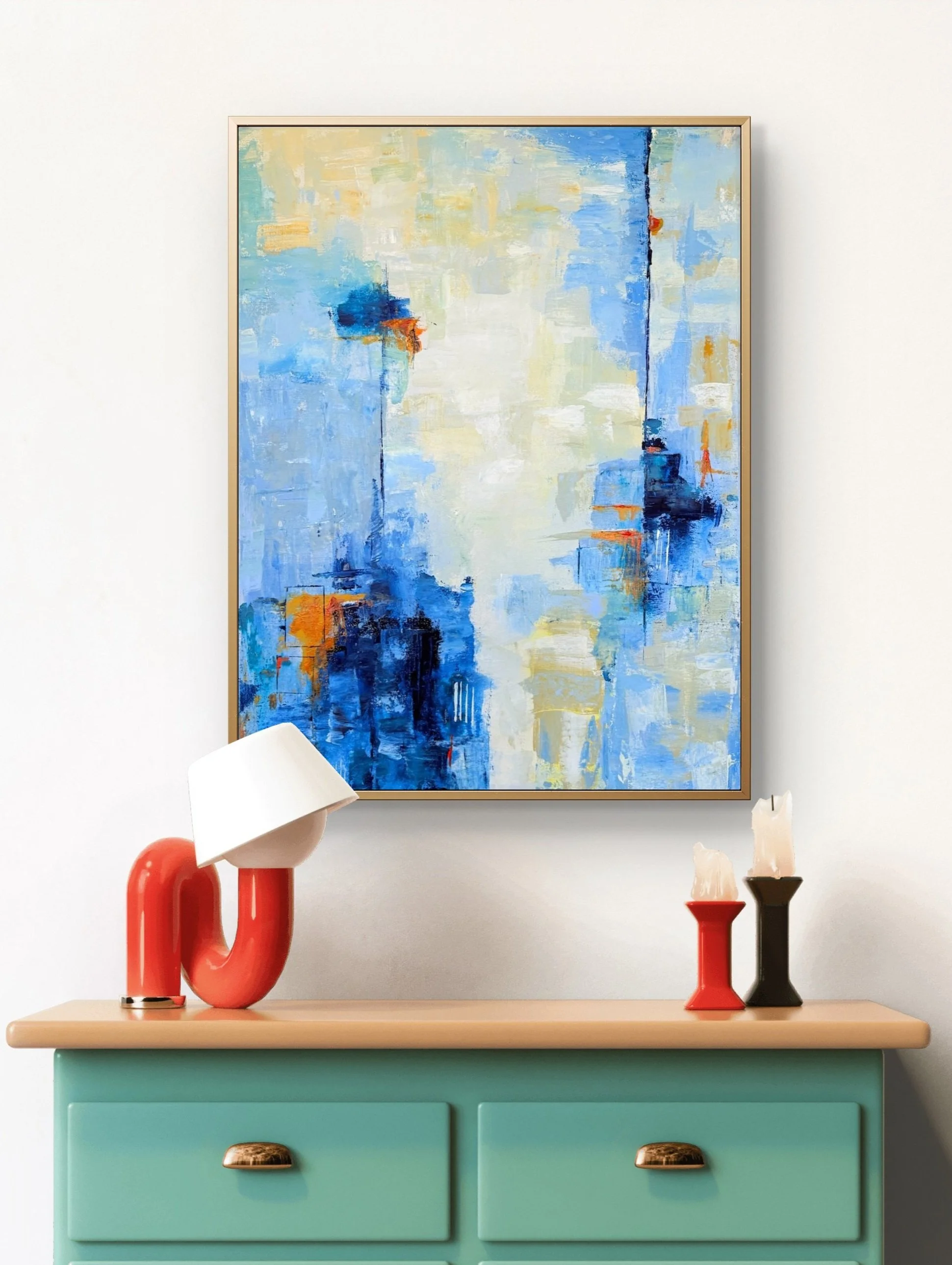 Abstract expressionist painting in vibrant blue tones with bold orange and red accents, featuring layered textures and geometric details.