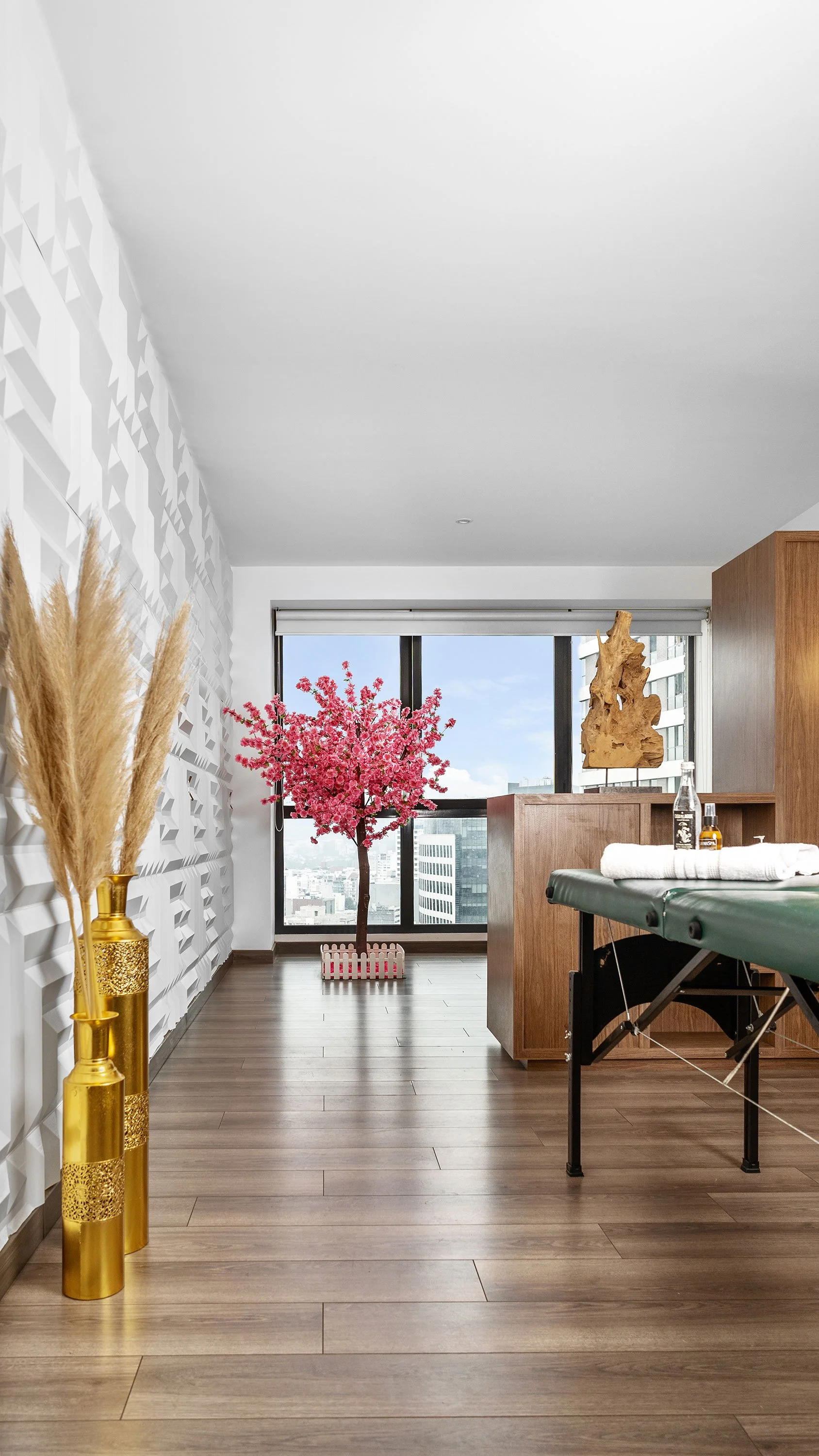 Modern spa treatment room in Mexico with massage table, natural light and city view.