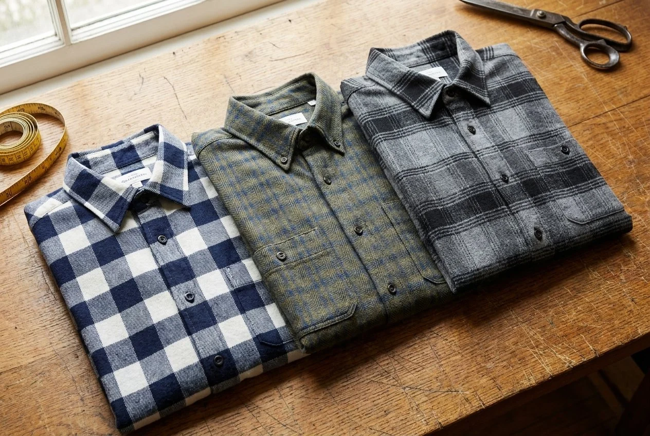 Flannel shirt manufacturer Turkey – navy check, olive herringbone and grey plaid flannel shirts flat-lay