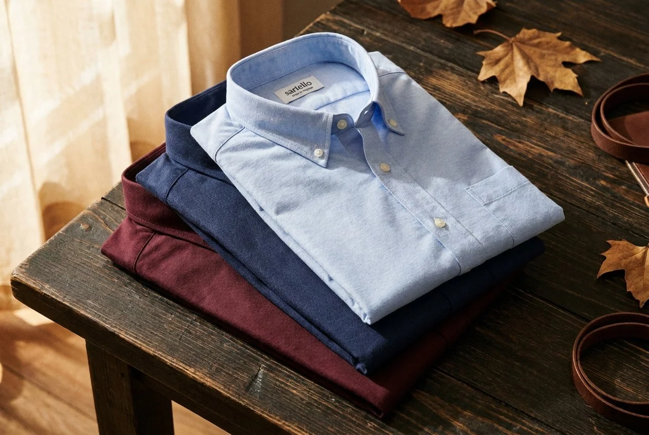 Oxford and twill shirt manufacturer Turkey – stacked Oxford and twill shirts in autumn colours