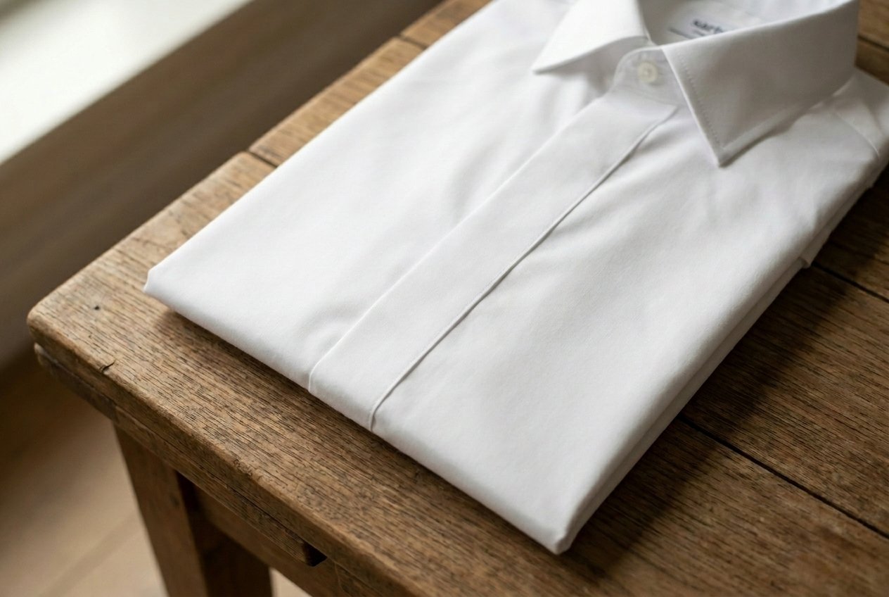 Poplin shirt manufacturing in Turkey – white poplin dress shirt folded on grey surface