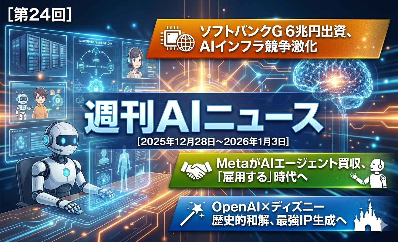 週刊AIニュースの表紙、2025年12月28日から2026年1月3日までの期間を示す。ソフトバンクGの6兆円投資とAIインフラ競争激化、MetaのAIエージェント買収と雇用時代、OpenAIとディズニーの歴史的和解と最強IP生成についての内容を含む。背景には未来的なAIとロボットのイメージ。