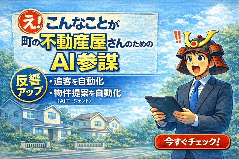 町の不動産屋さんのためのAI参謀についての広告。AIエージェントによる追客と物件提案の自動化を促す内容。