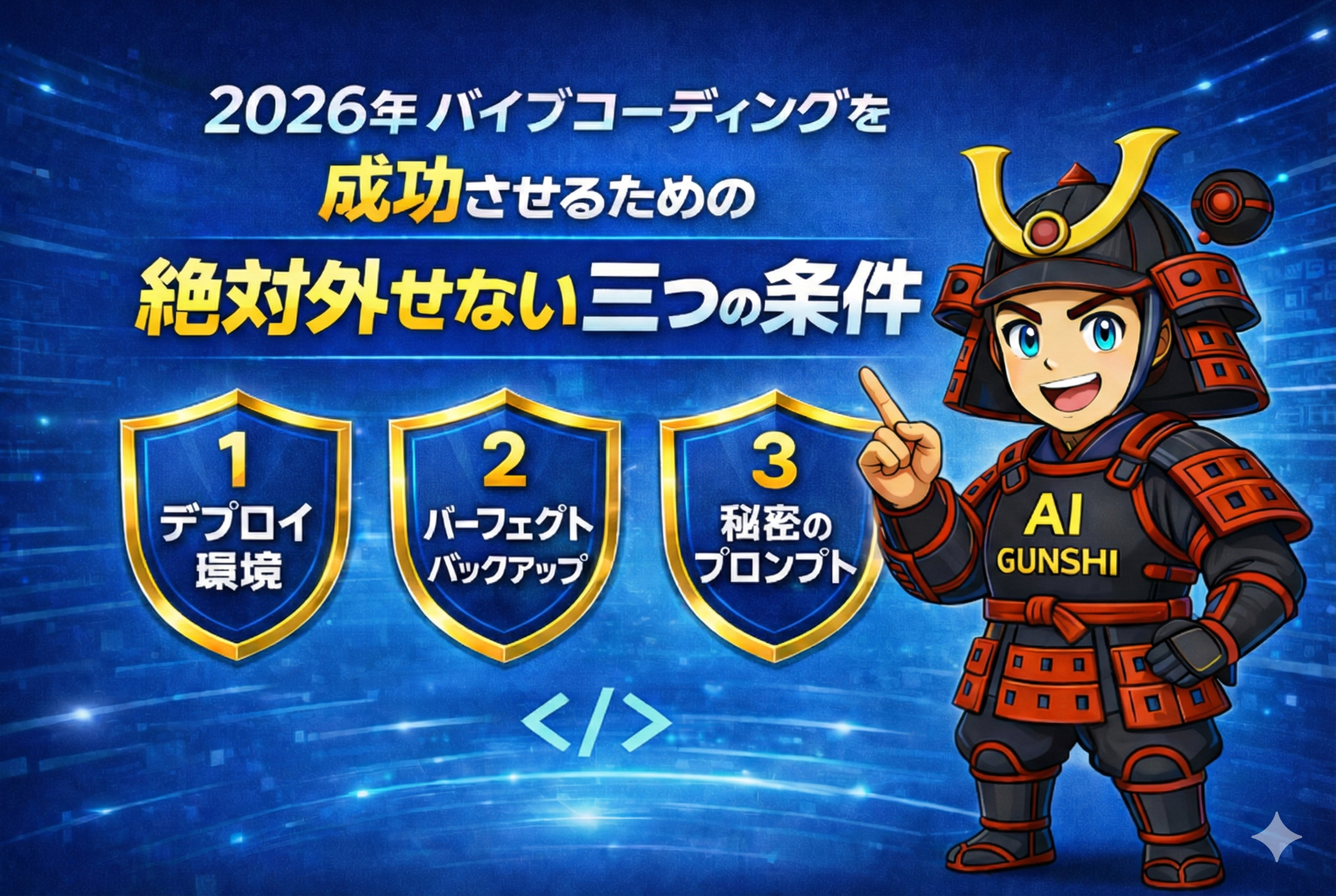 2026年バイプコーディングを成功させるための絶対外せない三つの条件。左から、環境のデプロイ、バックアップのパーフェクト、秘密のプランクト。キャラクターはSAMURAI風の服装で、AIガンシと書かれた制服を着ている。